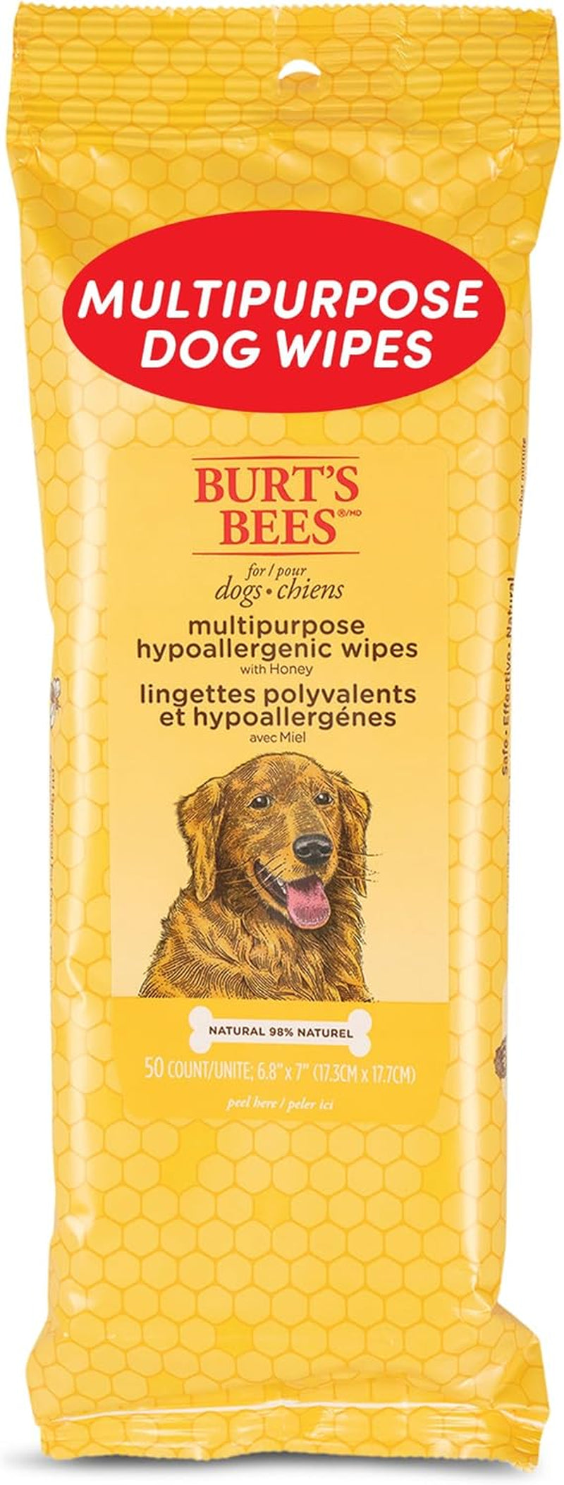 Burts Bees for Pets Honey Multipurpose Dog Grooming Wipes, 50 Count