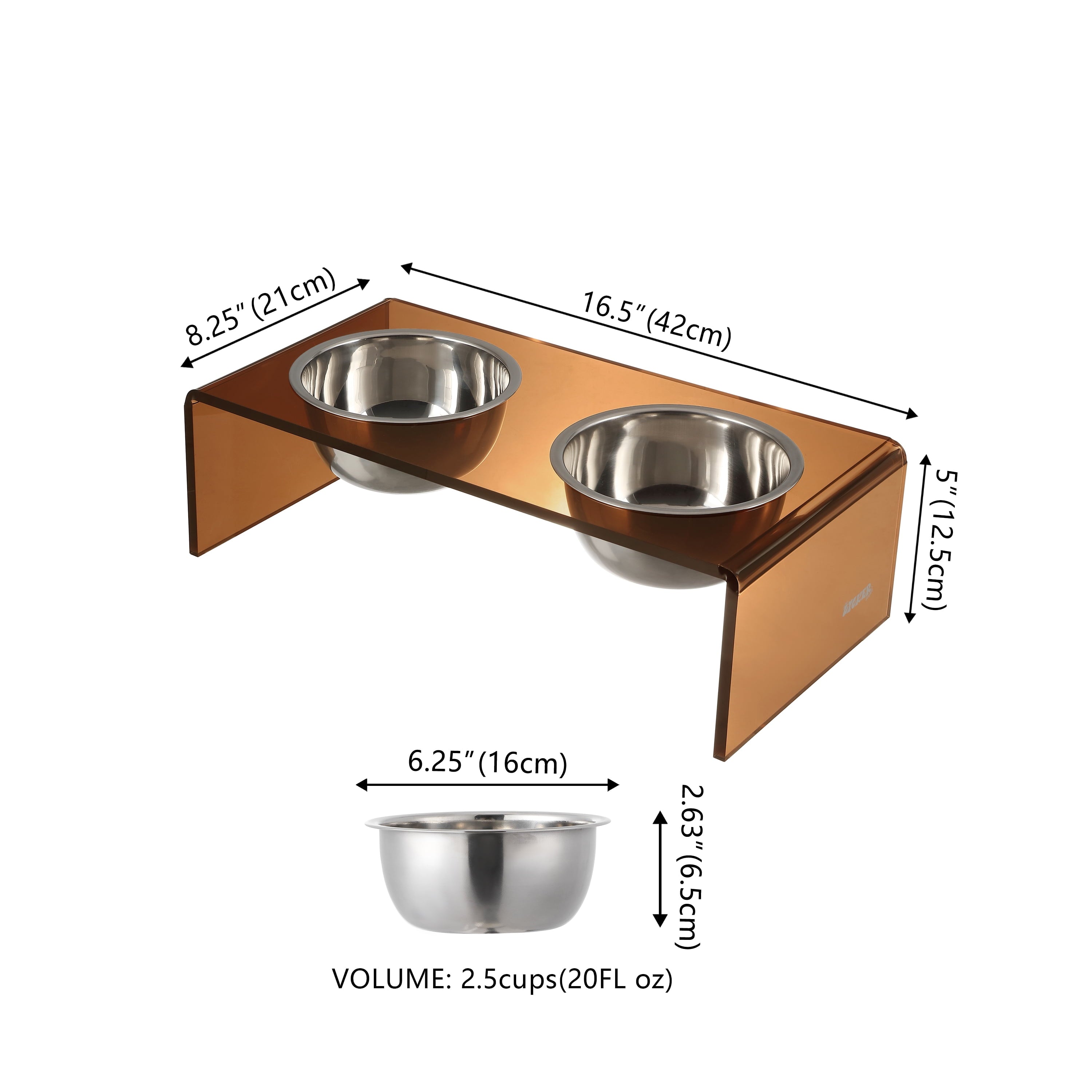 Keaton 5" Small/Medium Modern Acrylic Rectangular Elevated Pet Feeder with 20Oz 2-Stainless Steel Bowls, Amber/Chrome, DBL2000D