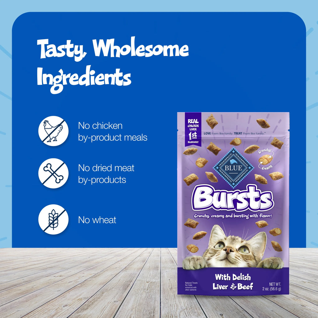 Bursts Crunchy & Creamy Cat Treats, Great for Training, Liver & Beef, 12-Oz. Tub