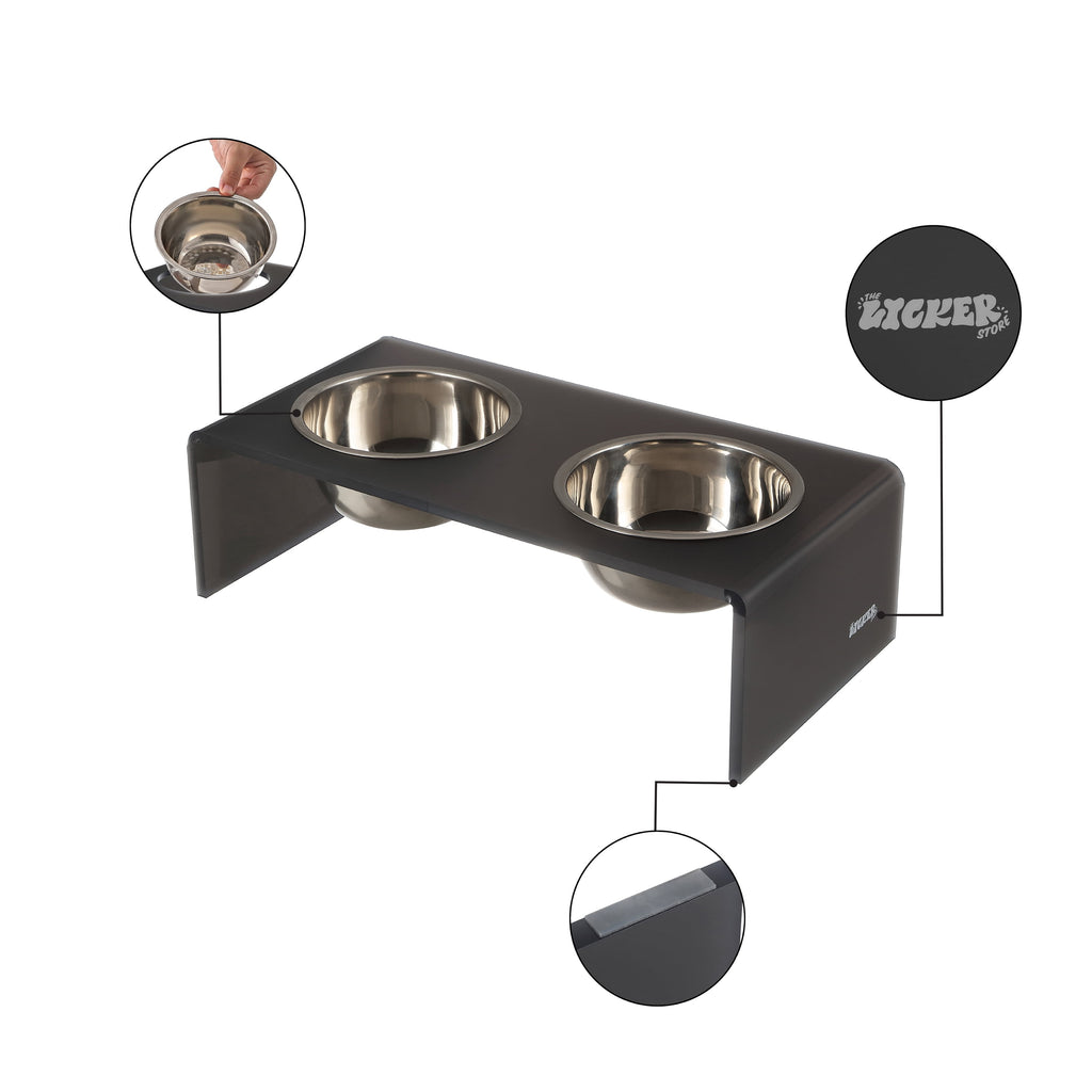 Keaton 5" Small/Medium Modern Acrylic Rectangular Elevated Pet Feeder with 20Oz 2-Stainless Steel Bowls, Dark Gray/Chrome, DBL2000J