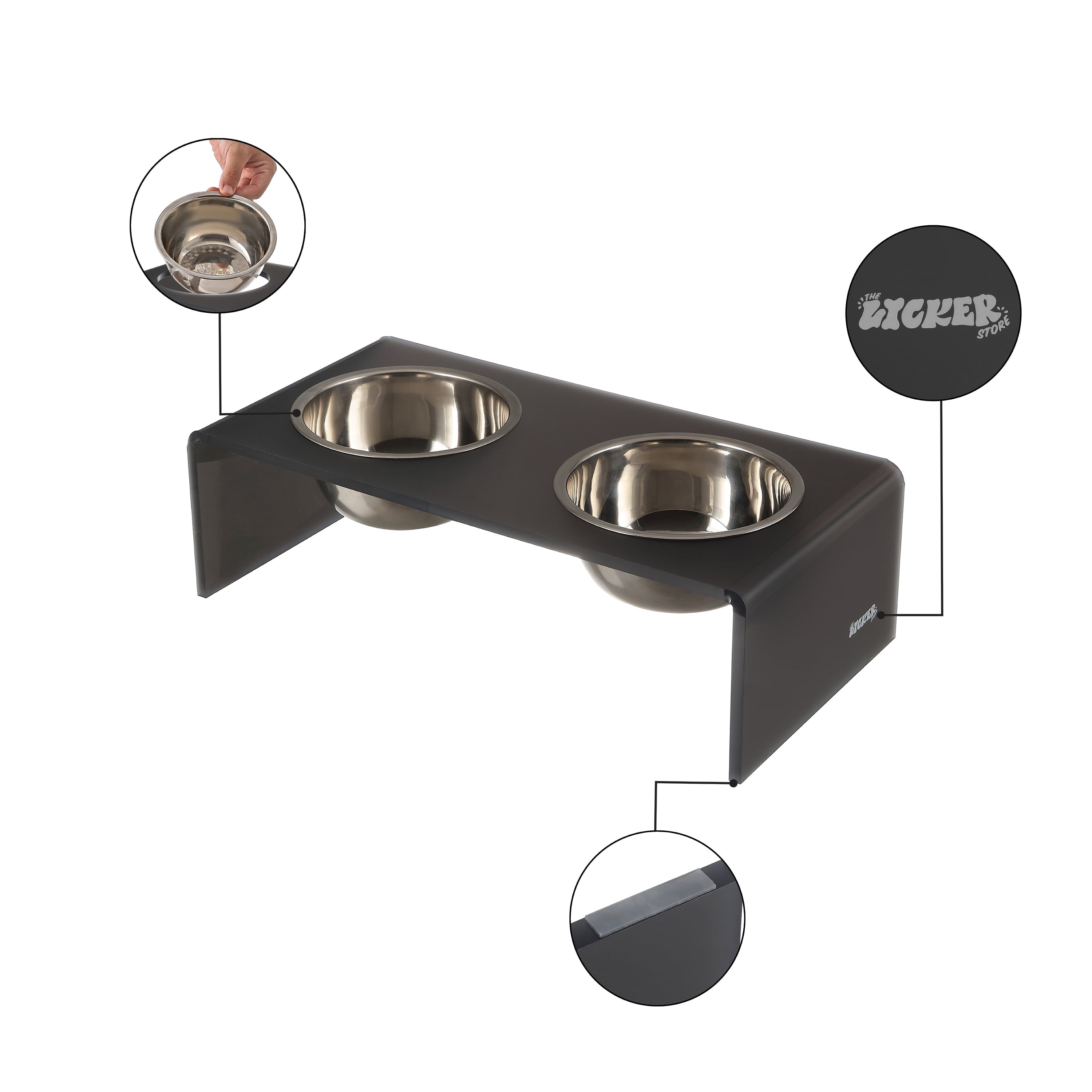 Keaton 5" Small/Medium Modern Acrylic Rectangular Elevated Pet Feeder with 20Oz 2-Stainless Steel Bowls, Dark Gray/Chrome, DBL2000J