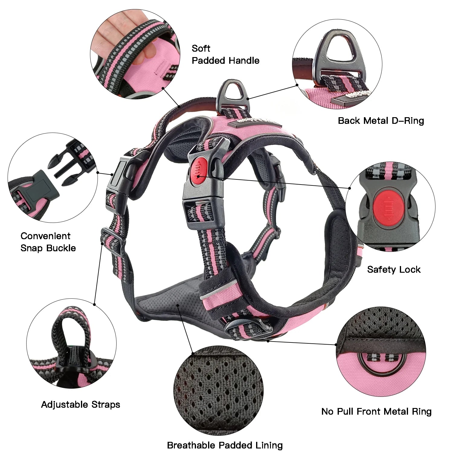 No Pull Dog Harness, Adjustable Dog Walking Harness with Breathable Padded Vest, Pink/Xl