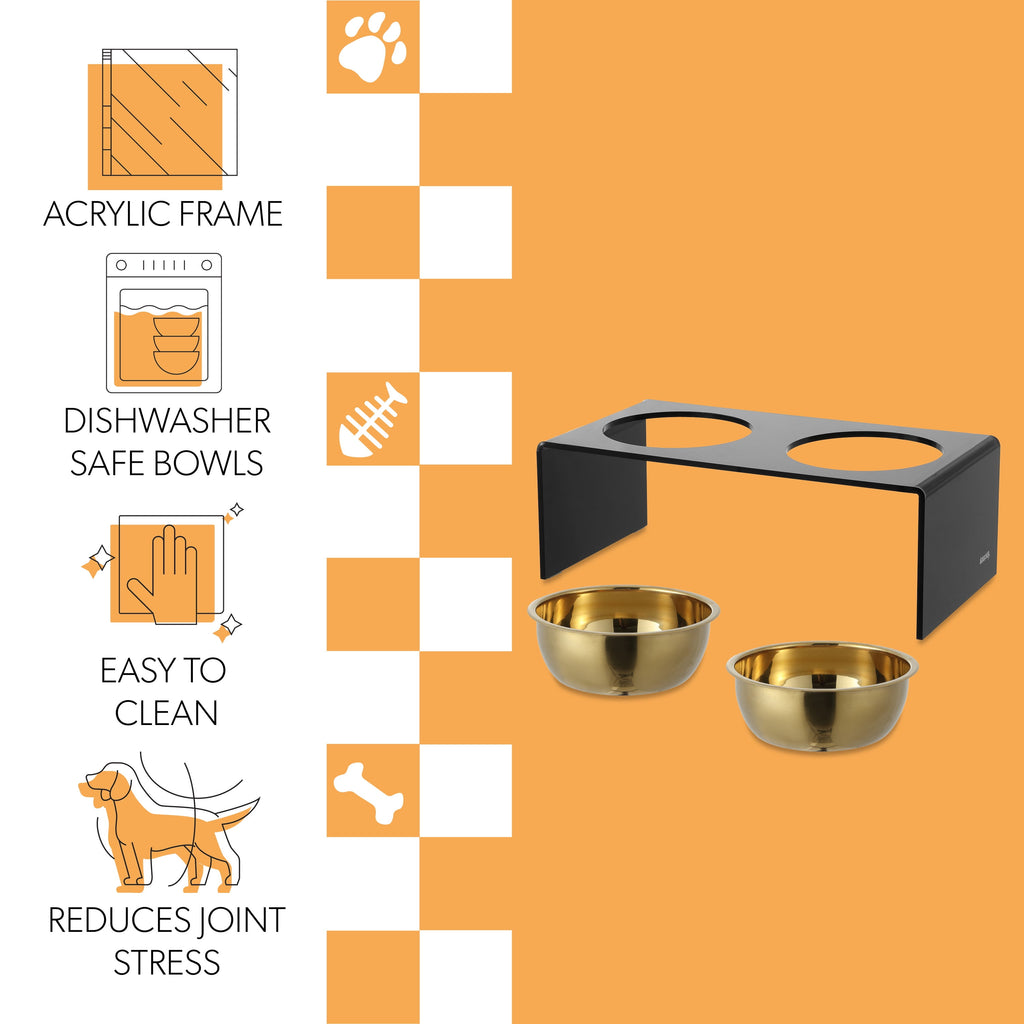 Keaton 7.5" Medium/Large Modern Acrylic Rectangular Elevated Pet Feeder with 54Oz 2-Stainless Steel Bowls, Black/Gold, DBL2001B