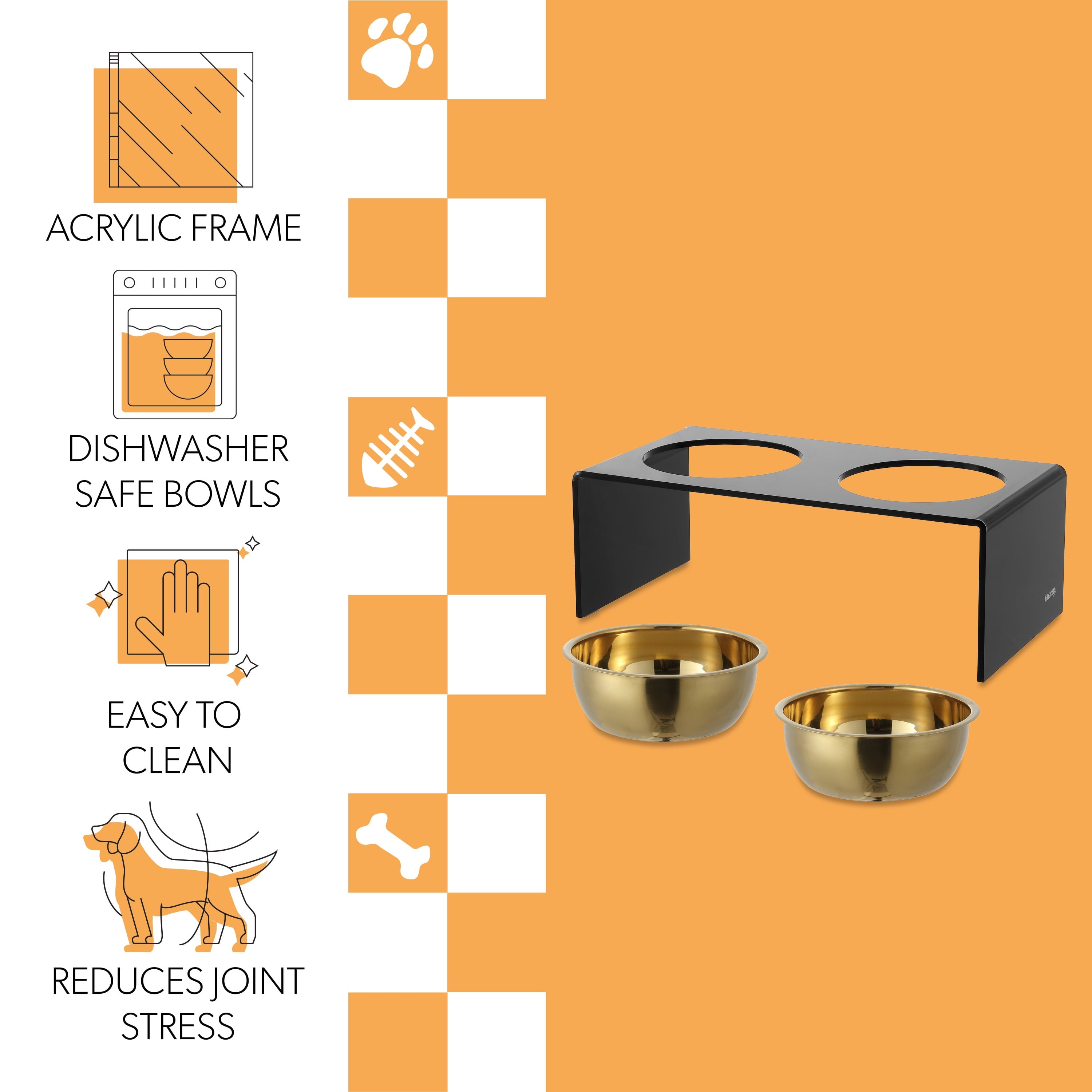 Keaton 7.5" Medium/Large Modern Acrylic Rectangular Elevated Pet Feeder with 54Oz 2-Stainless Steel Bowls, Black/Gold, DBL2001B