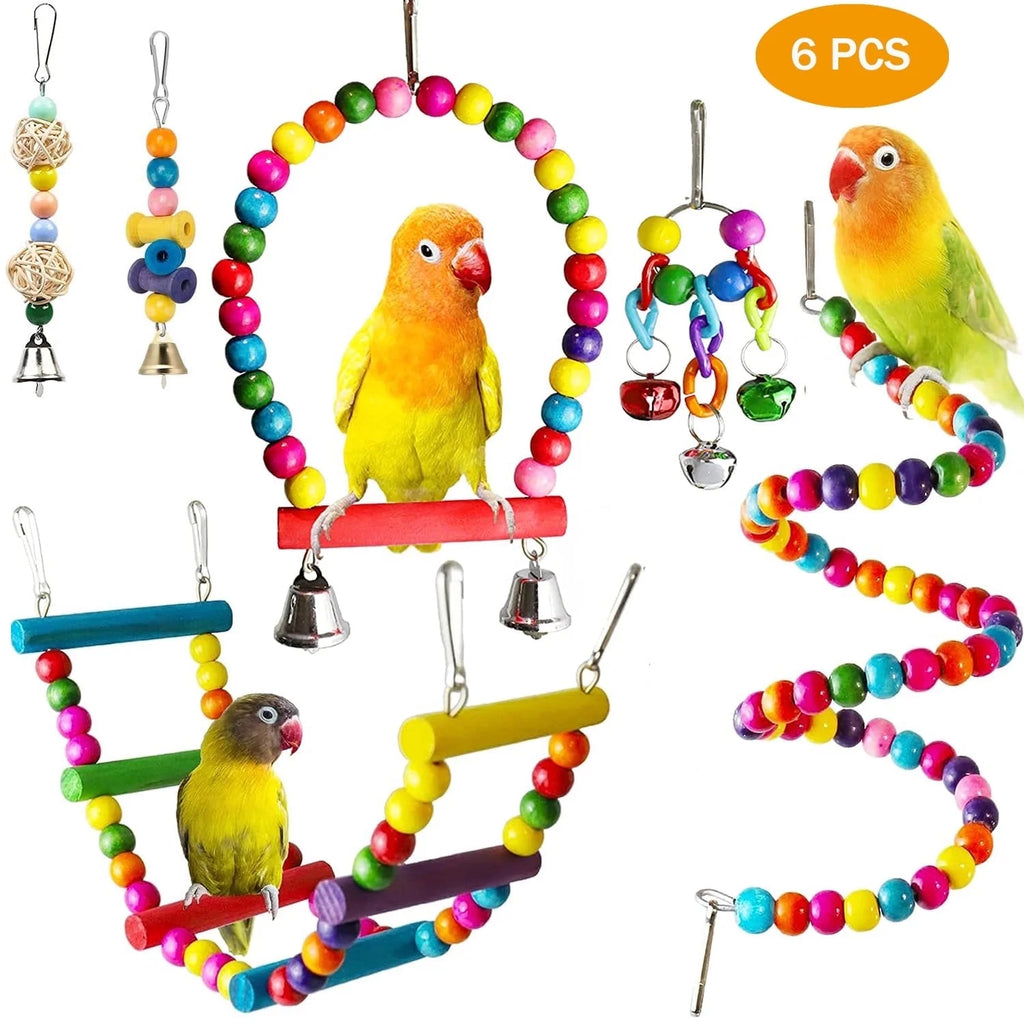 6 PCS Bird Toys Parakeet Toys, Colorful Parrot Toy for Small Parakeets Cockatiels Conures Finches Swing Chewing Hanging Bell Cage Hammock Toy