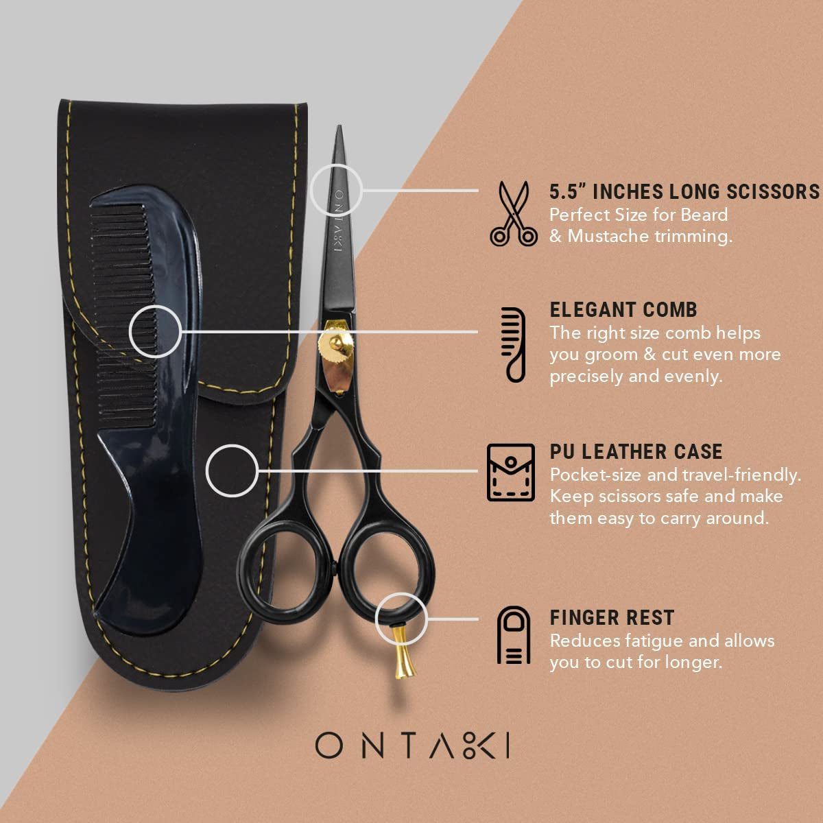 Beard & Moustache Scissors for Men - 5.5" Japanese Steel, Black - Precision Sharp Blades, Ergonomic Finger Rest & Adjustable Tension Screw for Perfect Trimming - Beard Grooming Scissors