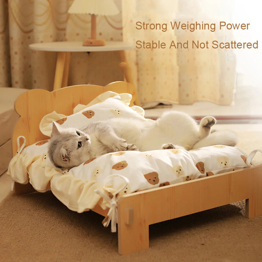 Cat Bed Wooden Cat and Dog Bed with Teddy Bear Pattern Indoor Pet Furniture Floor to Ceiling Bed(20*11Inch)Comfortable Durable