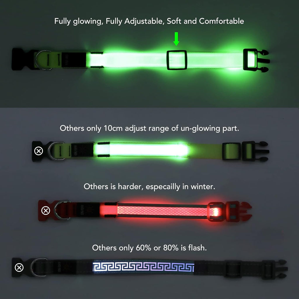 LED Dog Collar - Adjustable, Rechargeable, Waterproof, Glow in Dark for Medium Large Dogs
