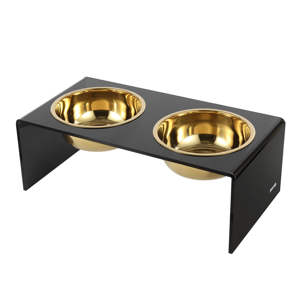 Keaton 7.5" Medium/Large Modern Acrylic Rectangular Elevated Pet Feeder with 54Oz 2-Stainless Steel Bowls, Black/Gold, DBL2001B
