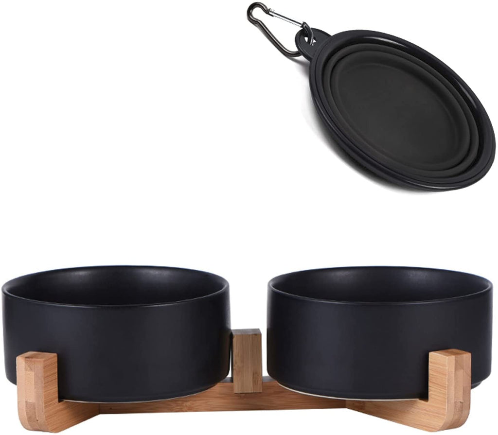Ceramic Dog Cat Bowls Set with Stand,Black Pet Food and Water Bowl,Small Dog Bowls Cute Modern anti Slip Set of 2 Pet Feeder Small Size Pet Dish(13.5Oz/5.1 In)
