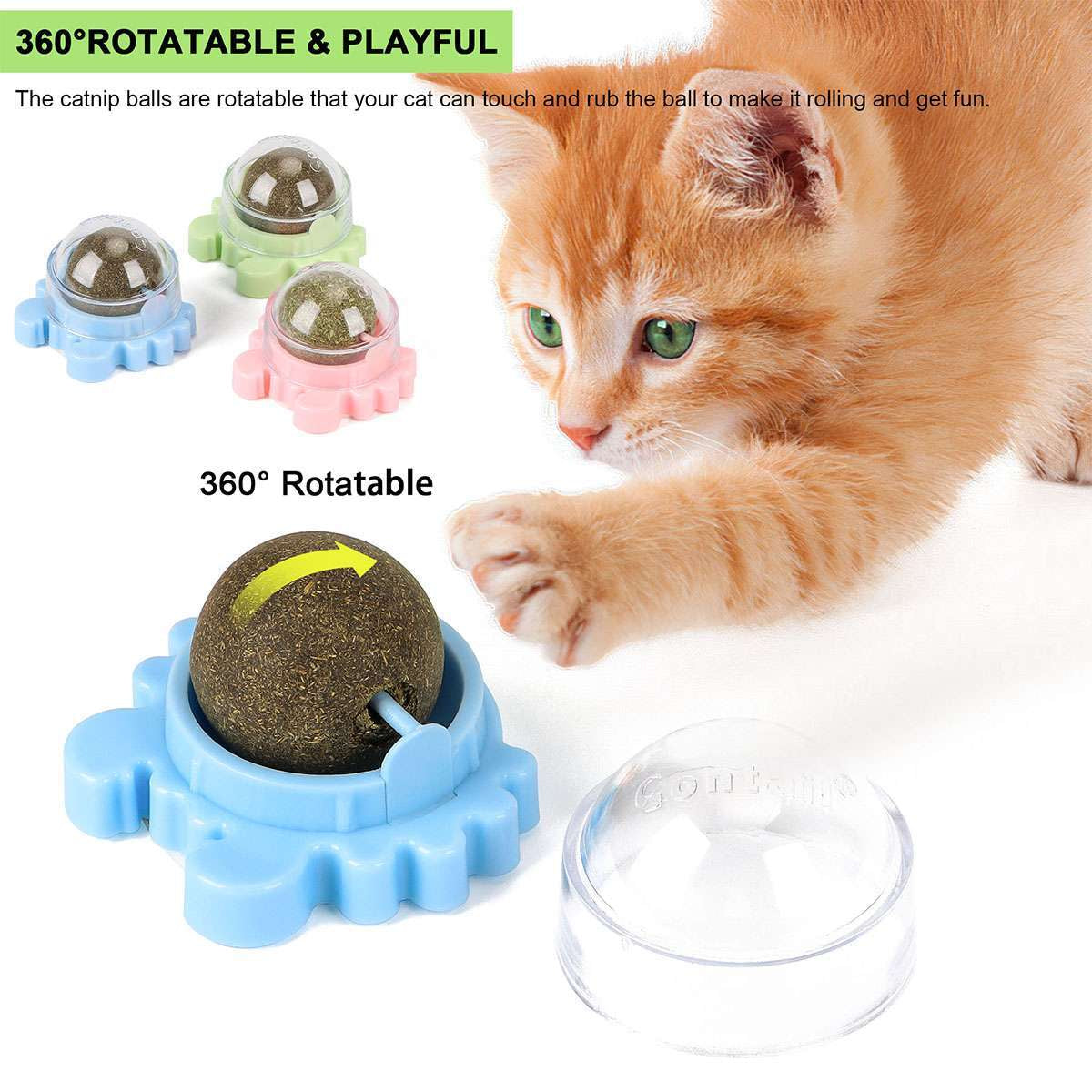3X Rotatable Catnip Wall Ball Cat Teeth Cleaning Toys Edible Licking Treats Toys