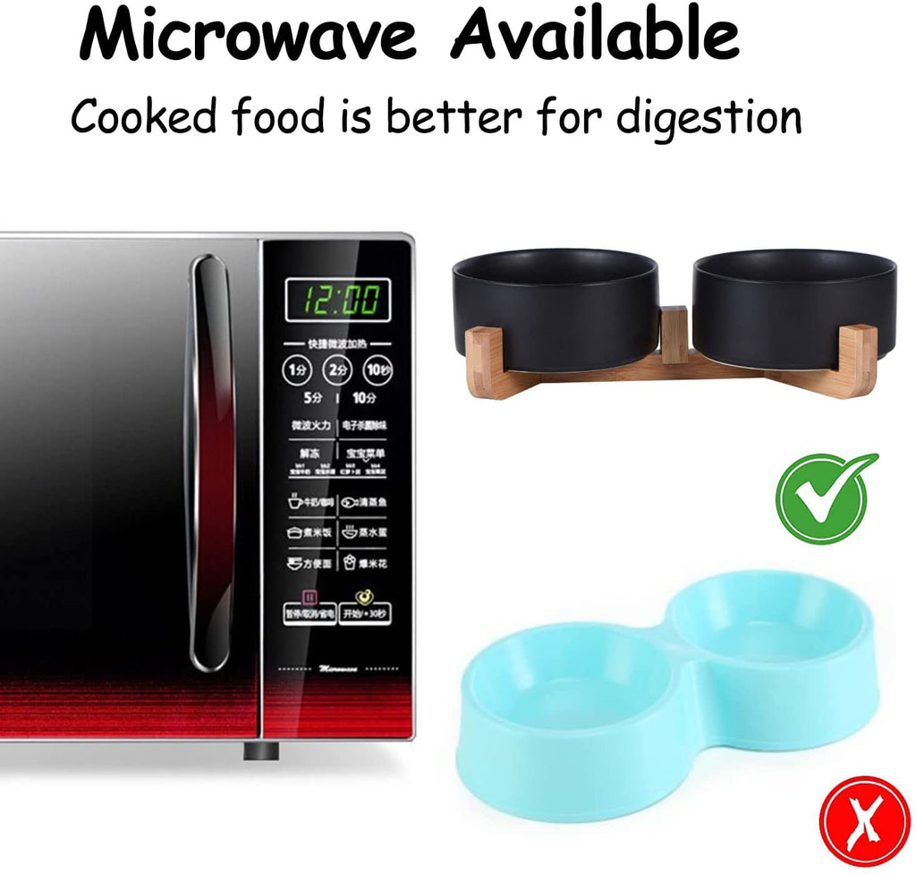 Ceramic Dog Cat Bowls Set with Stand,Black Pet Food and Water Bowl,Small Dog Bowls Cute Modern anti Slip Set of 2 Pet Feeder Small Size Pet Dish(13.5Oz/5.1 In)