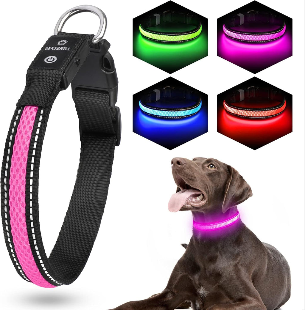 Light up Dog Collars,  LED Dog Collar Rechargeable Waterproof & High Visibility Adjustable Soft Mesh Safety Dog Collars Lighted Glow Collar Flashing Collar for Pet Night Walking,Pink S