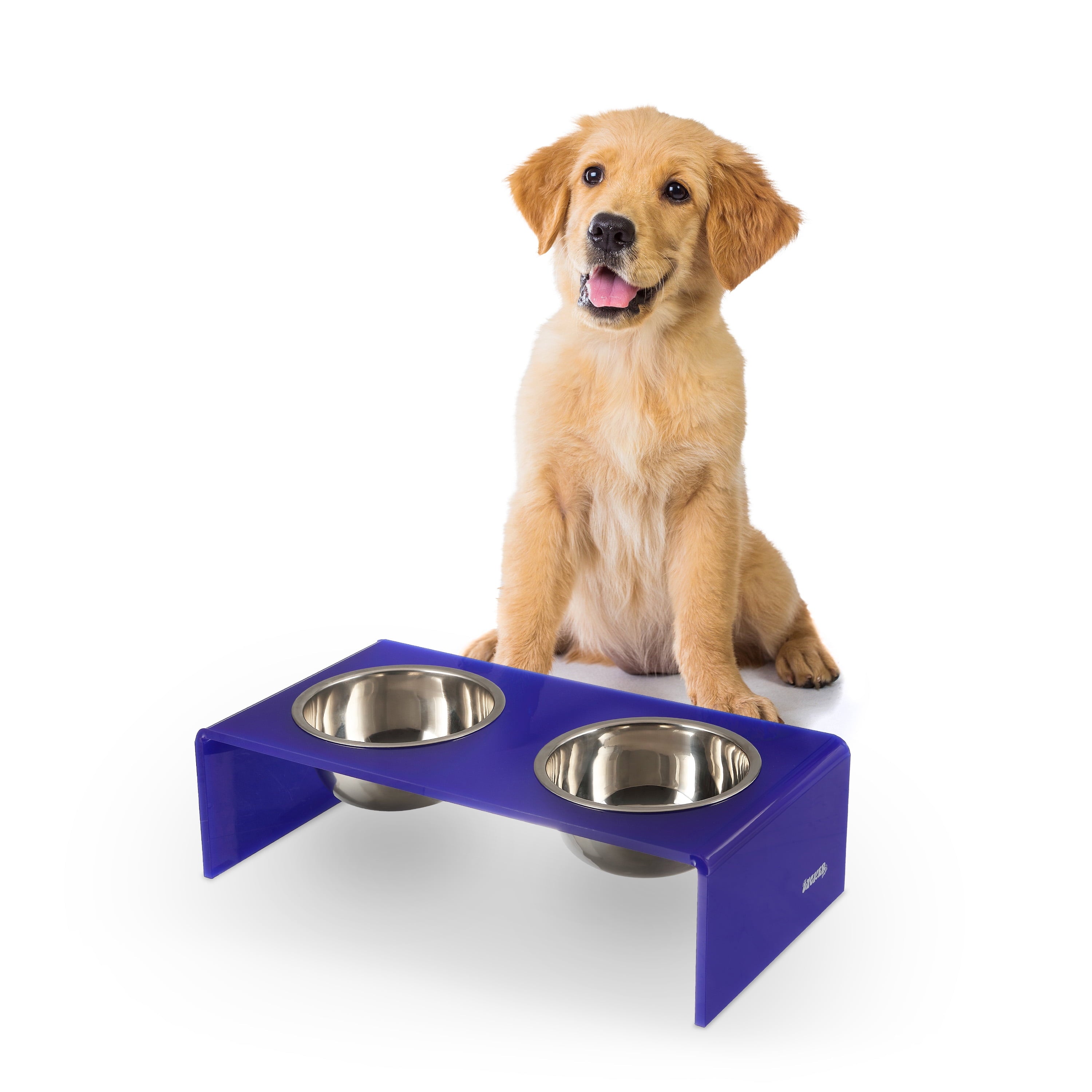 Keaton 5" Small/Medium Modern Acrylic Rectangular Elevated Pet Feeder with 20Oz 2-Stainless Steel Bowls, Purple/Chrome, DBL2000F