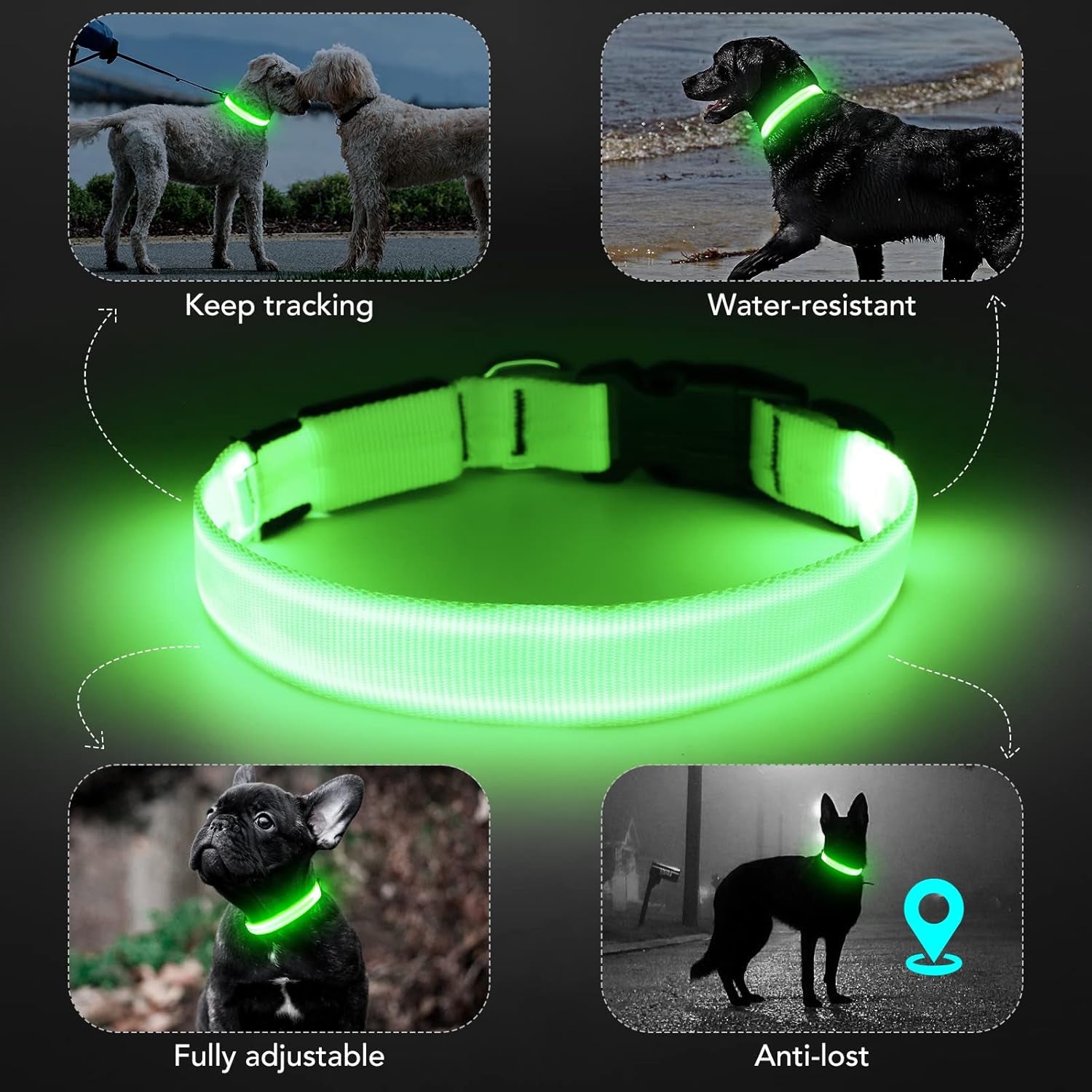 LED Dog Collar - Adjustable, Rechargeable, Waterproof, Glow in Dark for Medium Large Dogs