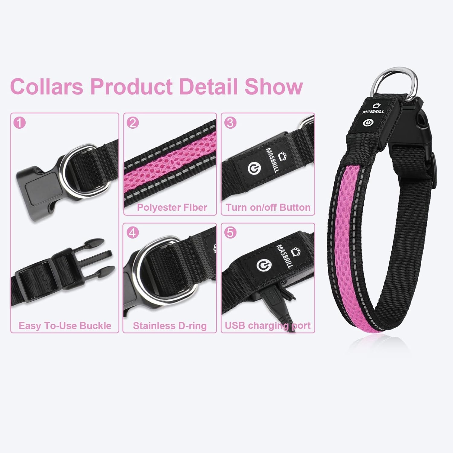 Light up Dog Collars,  LED Dog Collar Rechargeable Waterproof & High Visibility Adjustable Soft Mesh Safety Dog Collars Lighted Glow Collar Flashing Collar for Pet Night Walking,Pink S