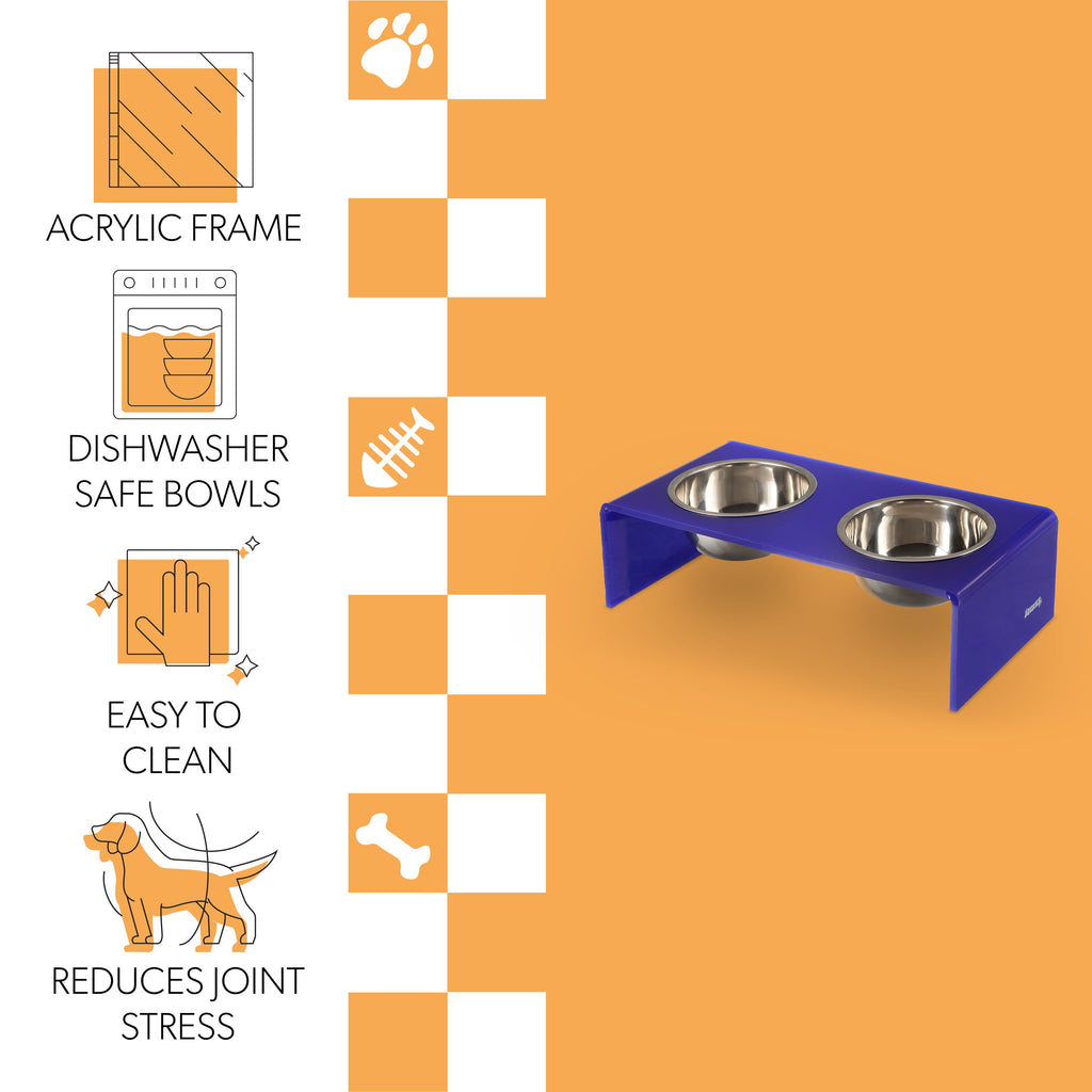 Keaton 5" Small/Medium Modern Acrylic Rectangular Elevated Pet Feeder with 20Oz 2-Stainless Steel Bowls, Purple/Chrome, DBL2000F
