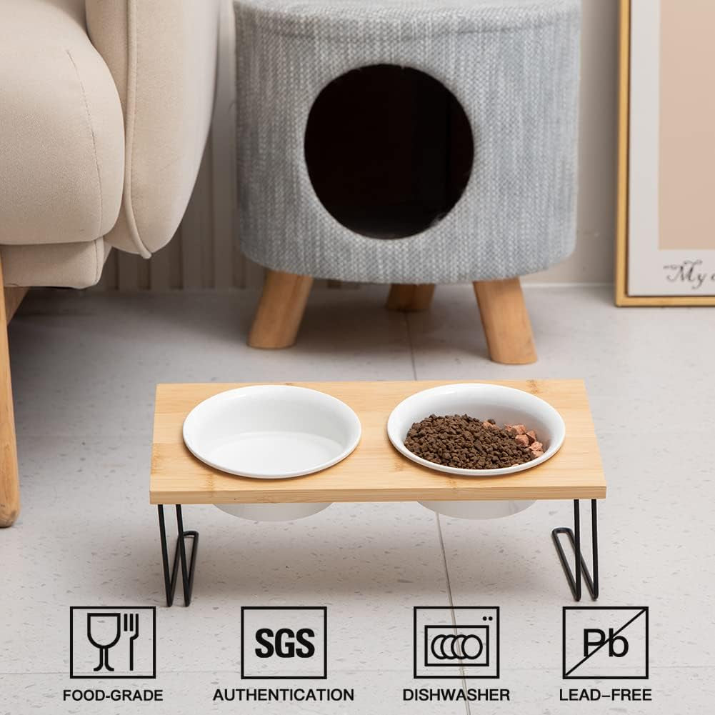 Ceramic Elevated Cat Bowls, Small Dog Bowls, 15° Tilted Raised Pet Bowl with Solid Wooden Stand to Protect Spine, Water and Food Feeder for Cat and Dog, Pack of 2 (White)