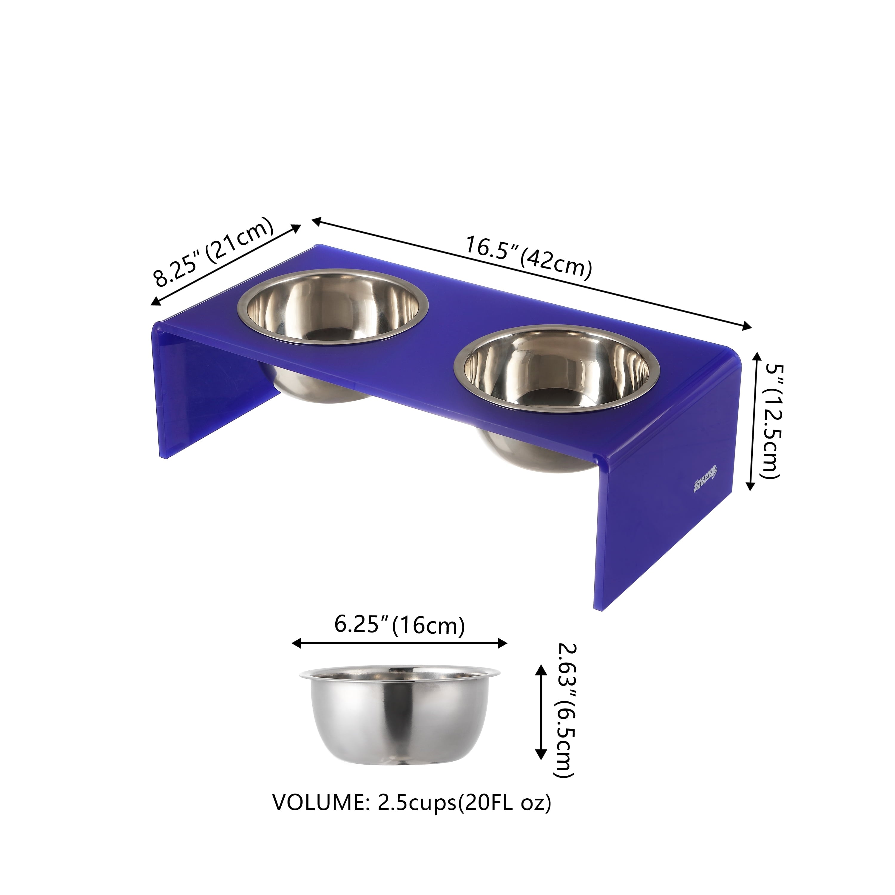 Keaton 5" Small/Medium Modern Acrylic Rectangular Elevated Pet Feeder with 20Oz 2-Stainless Steel Bowls, Purple/Chrome, DBL2000F