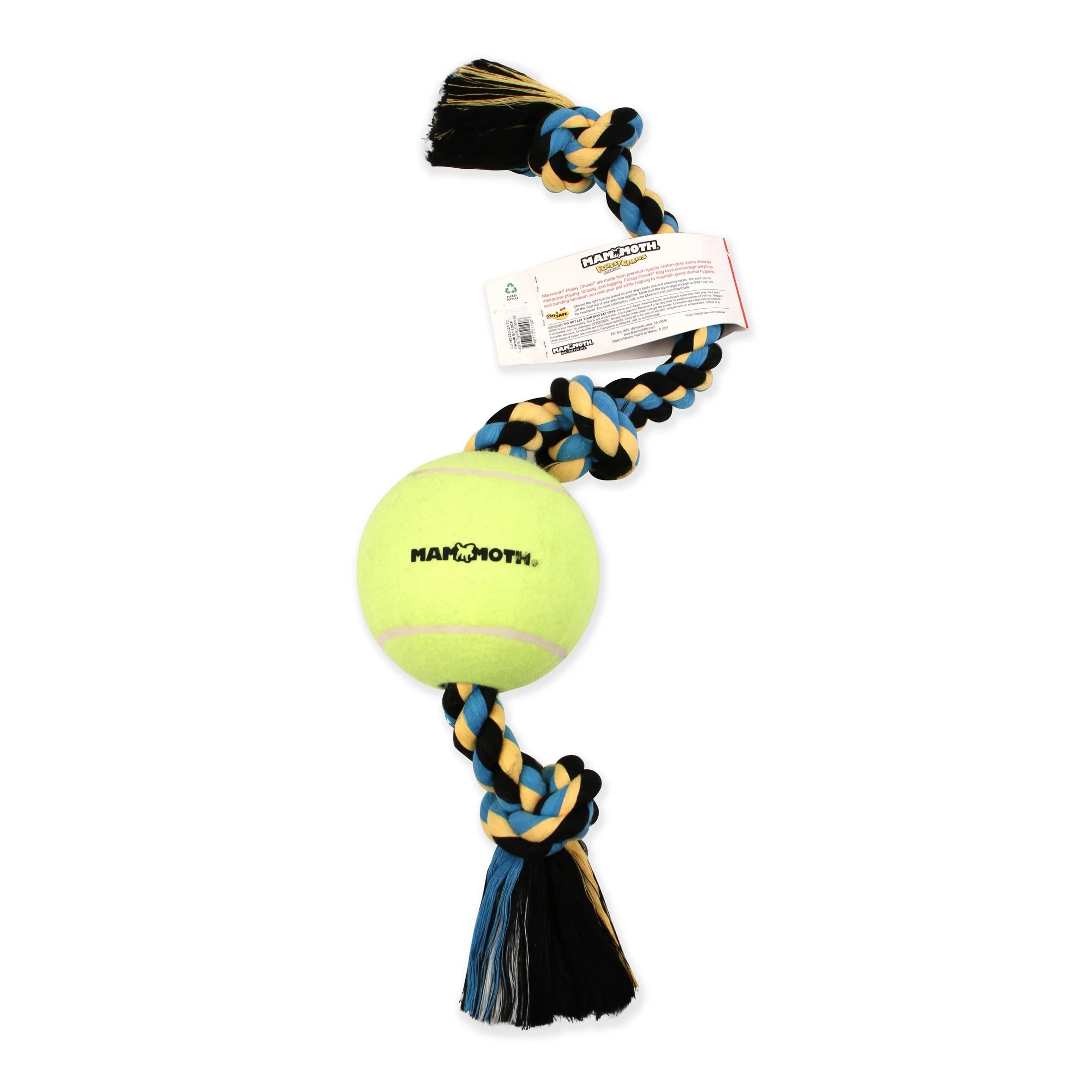 Mammoth Flossy Chews Cottonblend 3 Knot Tug with Big 6" Tennis Ball Rope Dog Toy, Extra-Large, 36", Assorted Colors