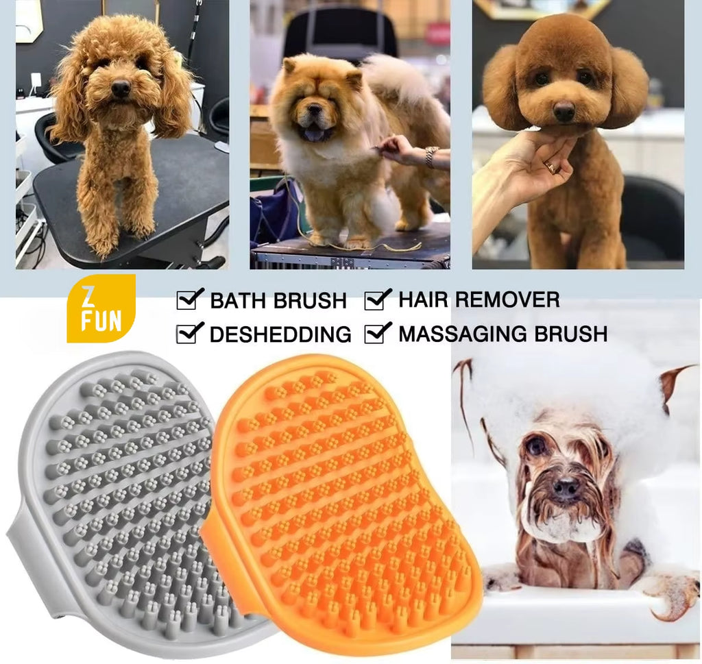 Dog Bath Brush,Dog Grooming Shedding Soothing Massage Rubber Bristles Curry Comb with Adjustable Ring Handle for Pet Dogs& Cats