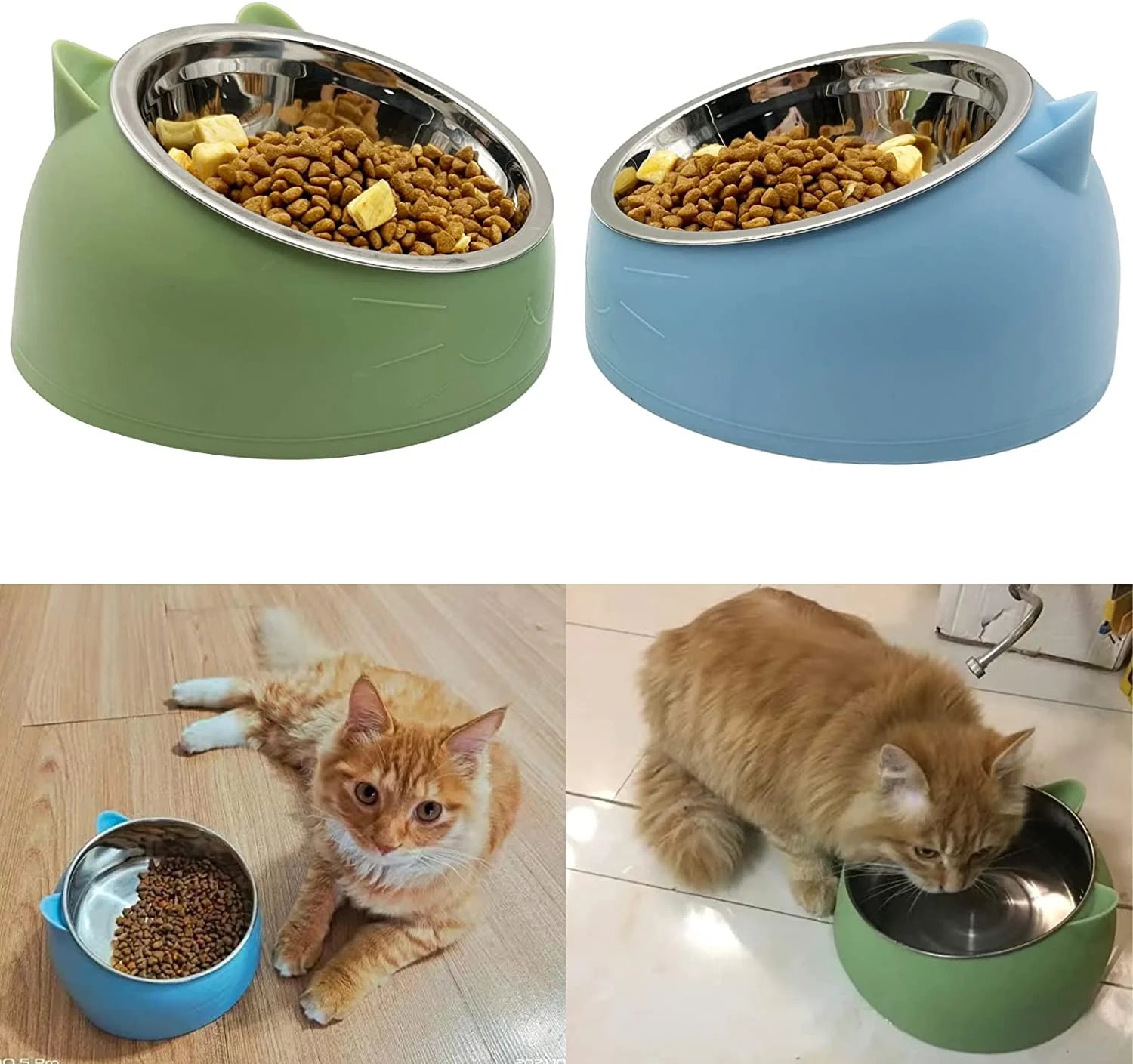 Pet Food Water Bowls Tilted Elevated Raised Cat Bowls Cat Feeder Dishes Protect Cats, Small Dogs Indoor Green