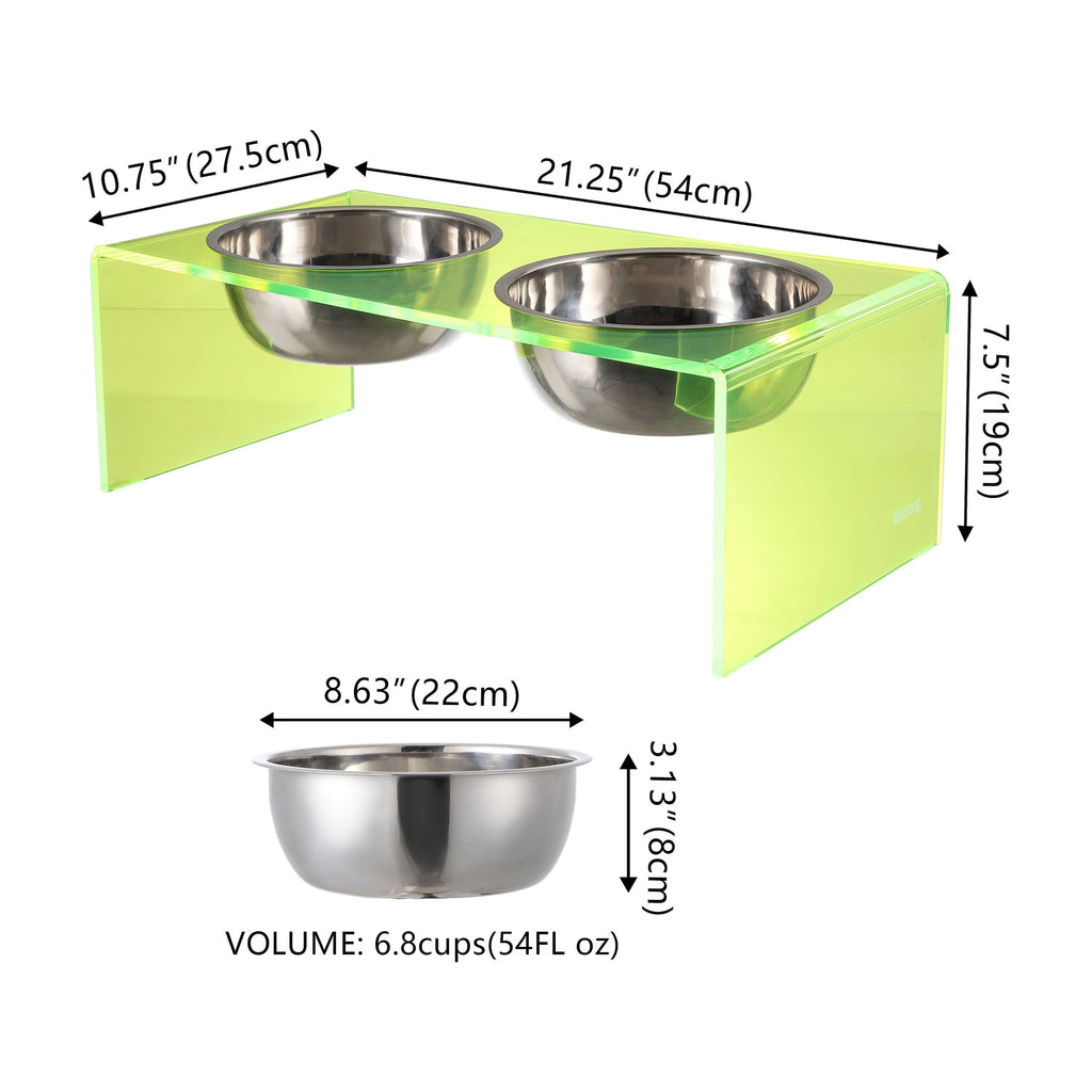 Keaton 7.5" Medium/Large Modern Acrylic Rectangular Elevated Pet Feeder with 54Oz 2-Stainless Steel Bowls, Green/Chrome, DBL2001G