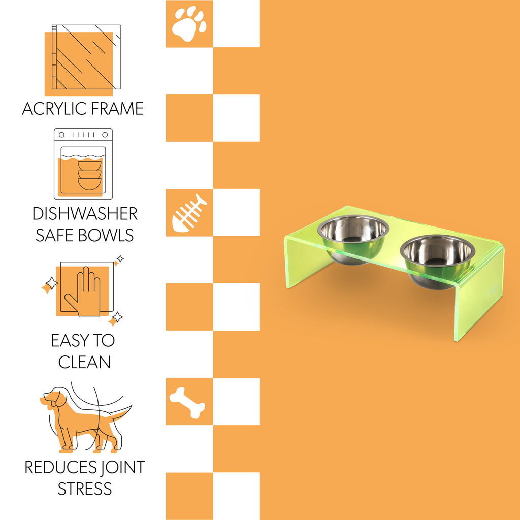 Keaton 7.5" Medium/Large Modern Acrylic Rectangular Elevated Pet Feeder with 54Oz 2-Stainless Steel Bowls, Green/Chrome, DBL2001G