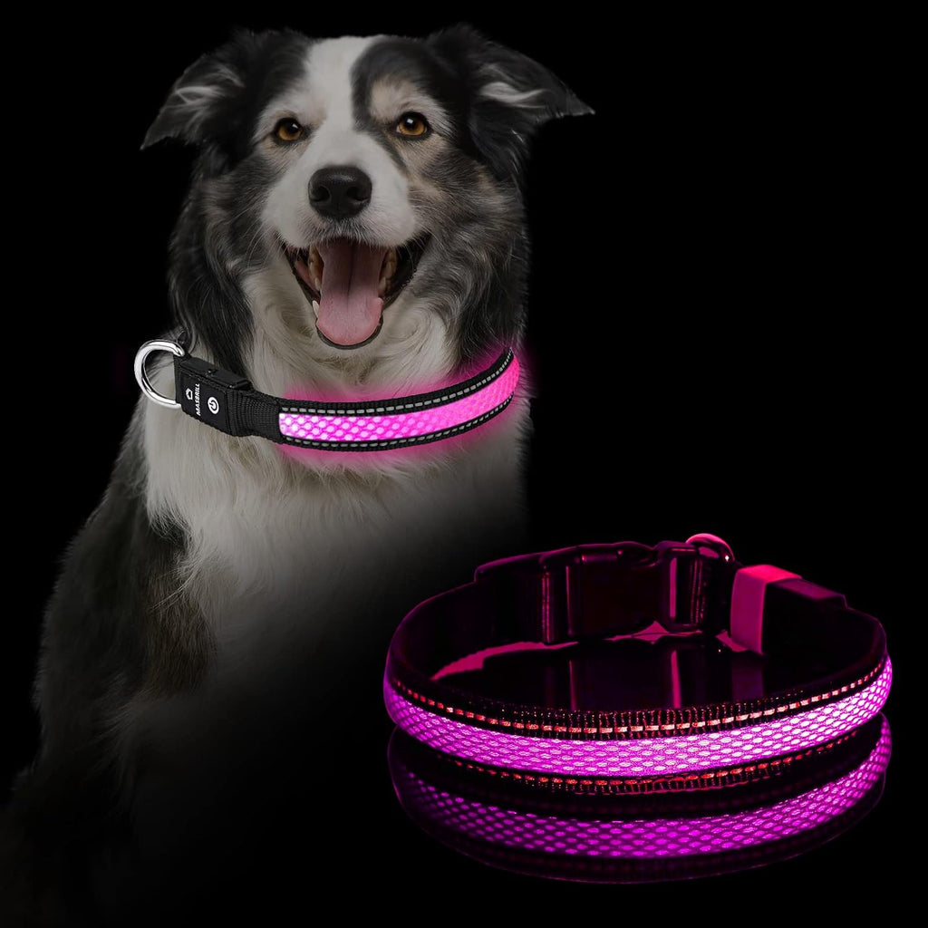 Light up Dog Collars,  LED Dog Collar Rechargeable Waterproof & High Visibility Adjustable Soft Mesh Safety Dog Collars Lighted Glow Collar Flashing Collar for Pet Night Walking,Pink S