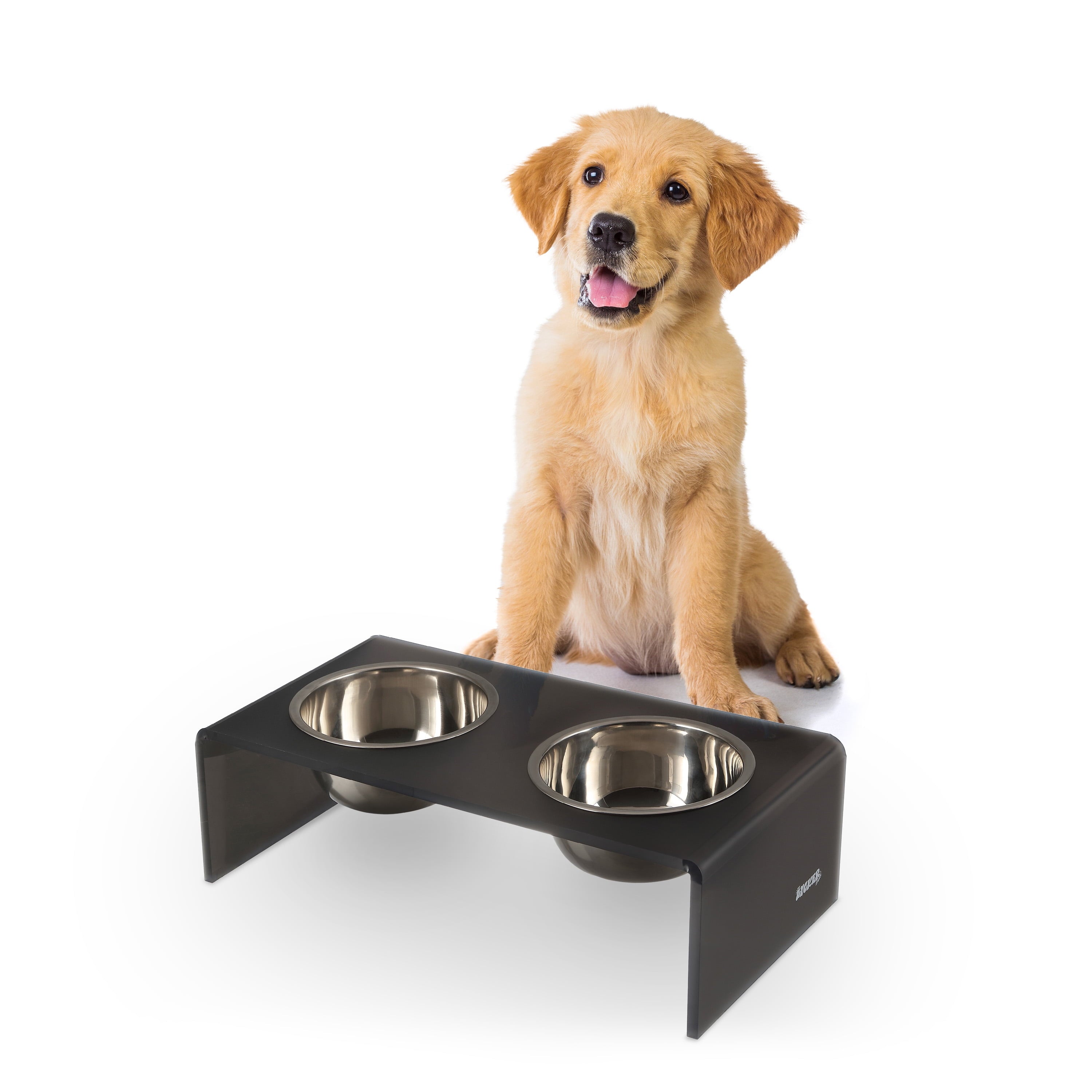 Keaton 5" Small/Medium Modern Acrylic Rectangular Elevated Pet Feeder with 20Oz 2-Stainless Steel Bowls, Dark Gray/Chrome, DBL2000J