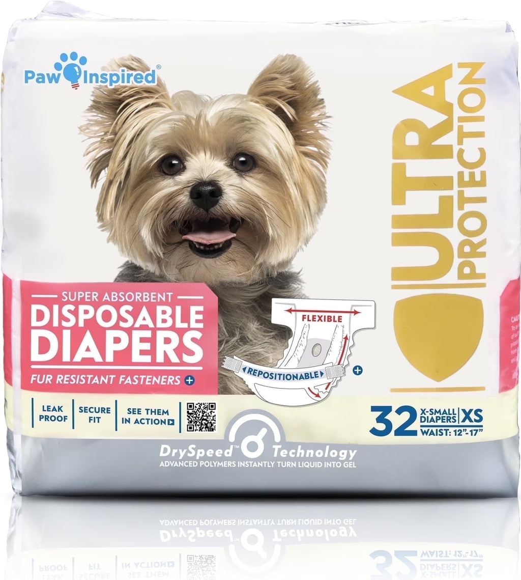 Disposable Dog Diapers Female| Puppy, Doggie, Cat Diapers |Diapers for Dogs in Heat Period, Diapers That Stay on Bulk, Senior, Excitable Urination, or Incontinence (X-Small, 32 Count)
