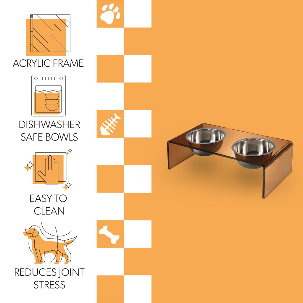 Keaton 5" Small/Medium Modern Acrylic Rectangular Elevated Pet Feeder with 20Oz 2-Stainless Steel Bowls, Amber/Chrome, DBL2000D
