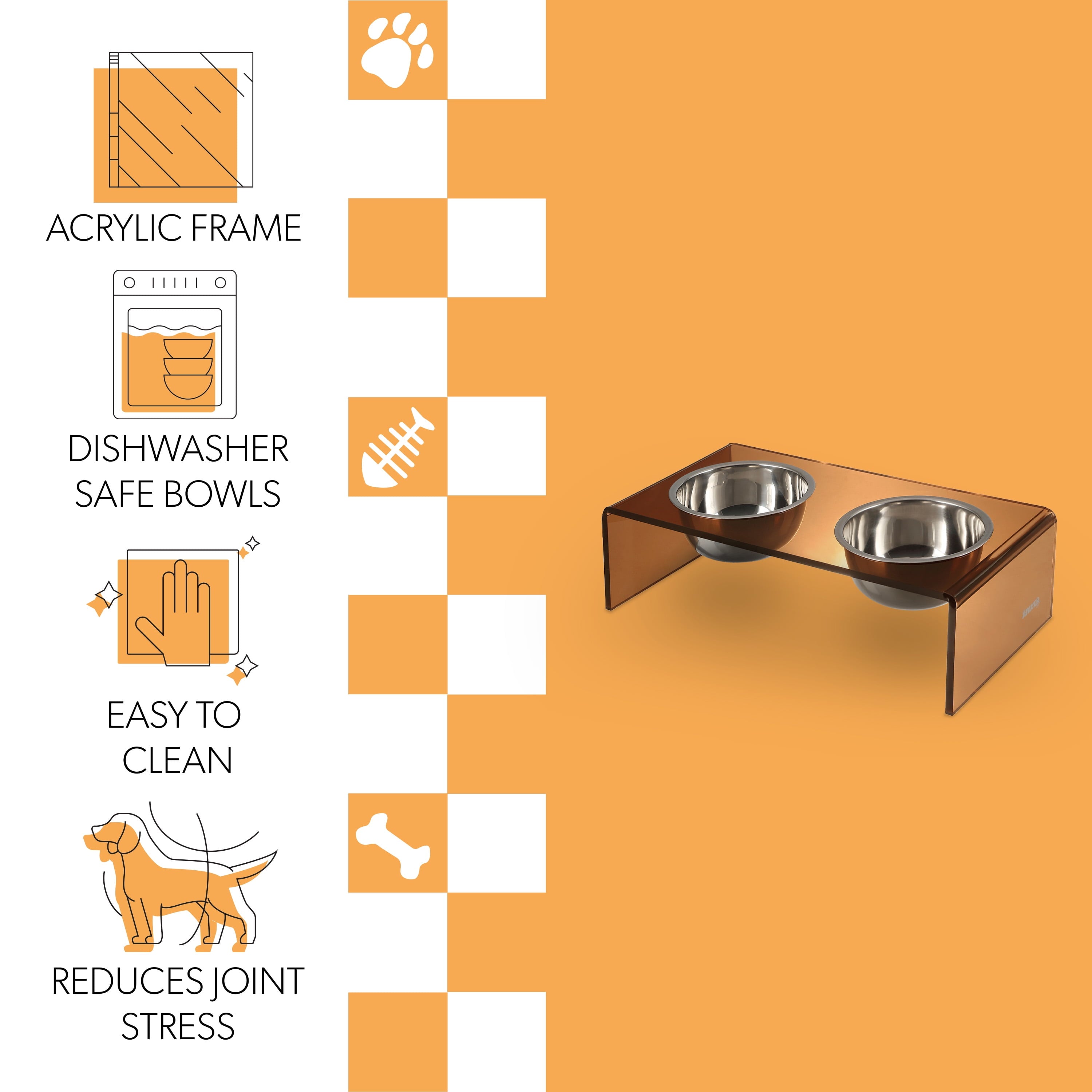 Keaton 5" Small/Medium Modern Acrylic Rectangular Elevated Pet Feeder with 20Oz 2-Stainless Steel Bowls, Amber/Chrome, DBL2000D