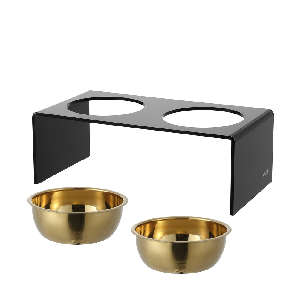 Keaton 7.5" Medium/Large Modern Acrylic Rectangular Elevated Pet Feeder with 54Oz 2-Stainless Steel Bowls, Black/Gold, DBL2001B
