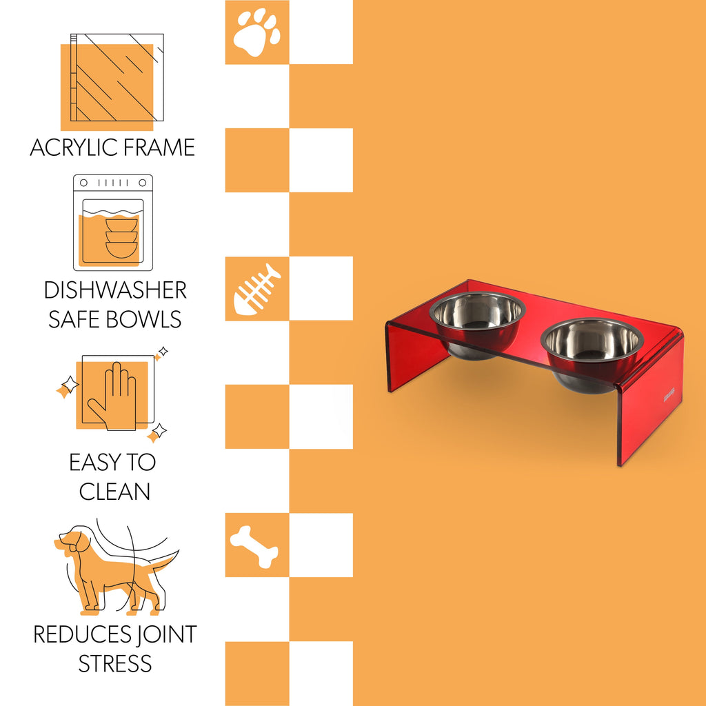 Keaton 7.5" Medium/Large Modern Acrylic Rectangular Elevated Pet Feeder with 54Oz 2-Stainless Steel Bowls, Red/Chrome, DBL2001H