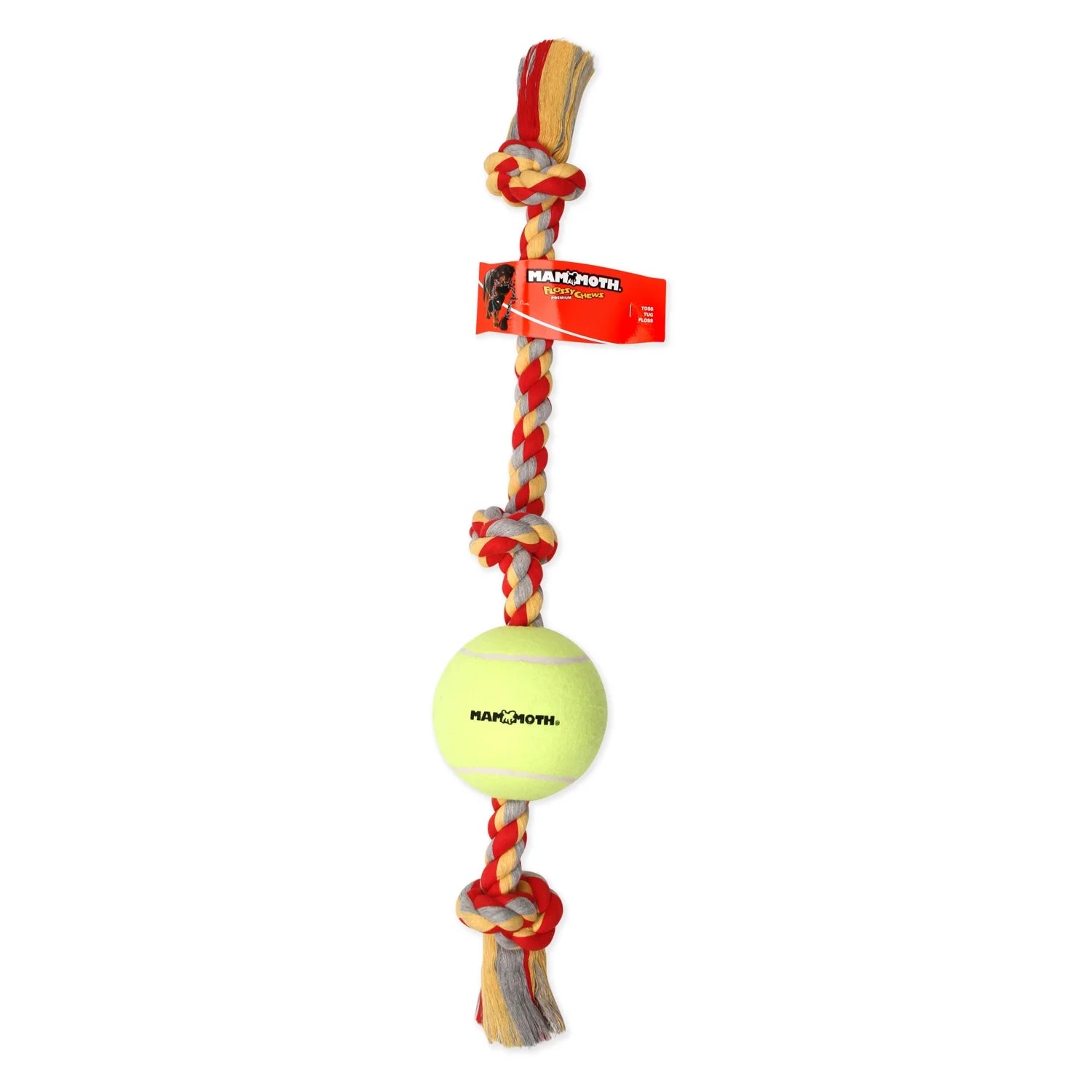 Mammoth Flossy Chews Cottonblend 3 Knot Tug with Big 6" Tennis Ball Rope Dog Toy, Extra-Large, 36", Assorted Colors