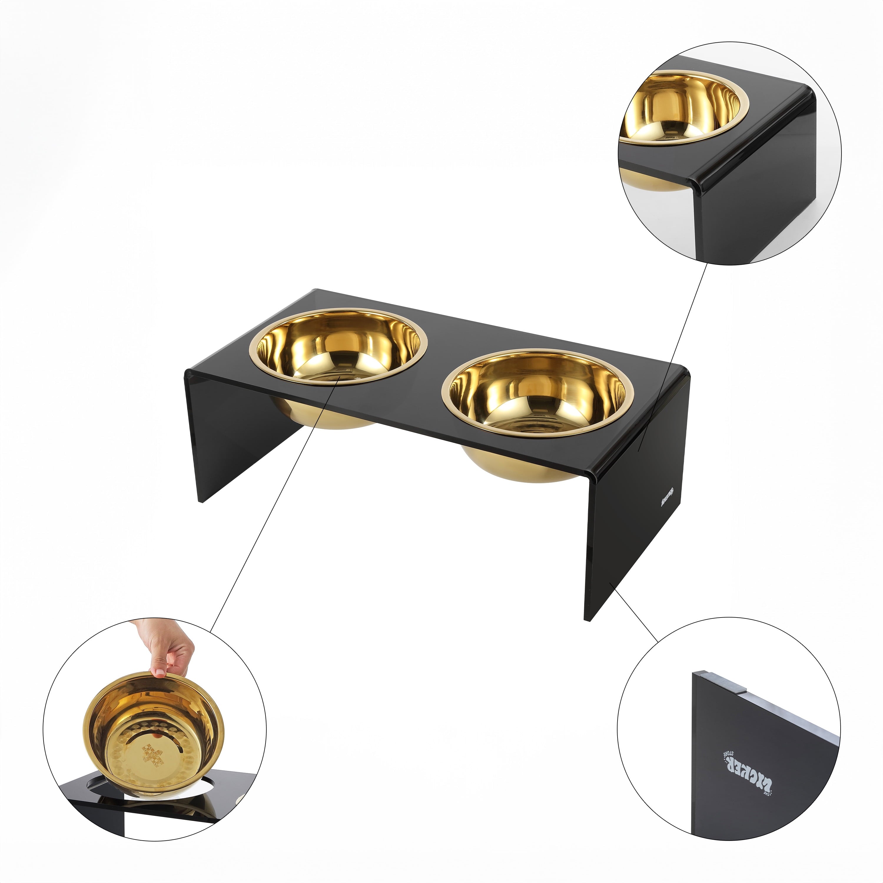 Keaton 7.5" Medium/Large Modern Acrylic Rectangular Elevated Pet Feeder with 54Oz 2-Stainless Steel Bowls, Black/Gold, DBL2001B
