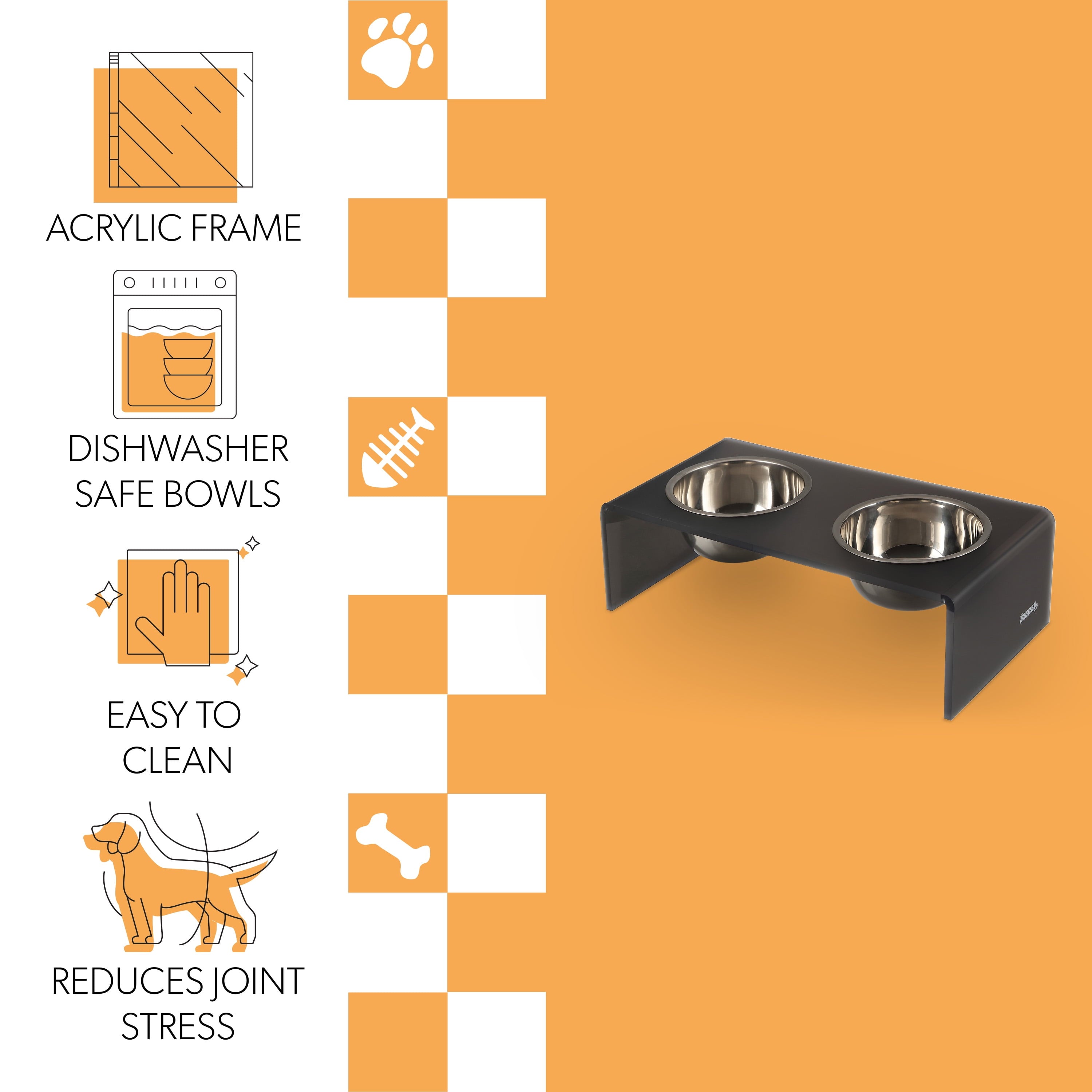 Keaton 5" Small/Medium Modern Acrylic Rectangular Elevated Pet Feeder with 20Oz 2-Stainless Steel Bowls, Dark Gray/Chrome, DBL2000J