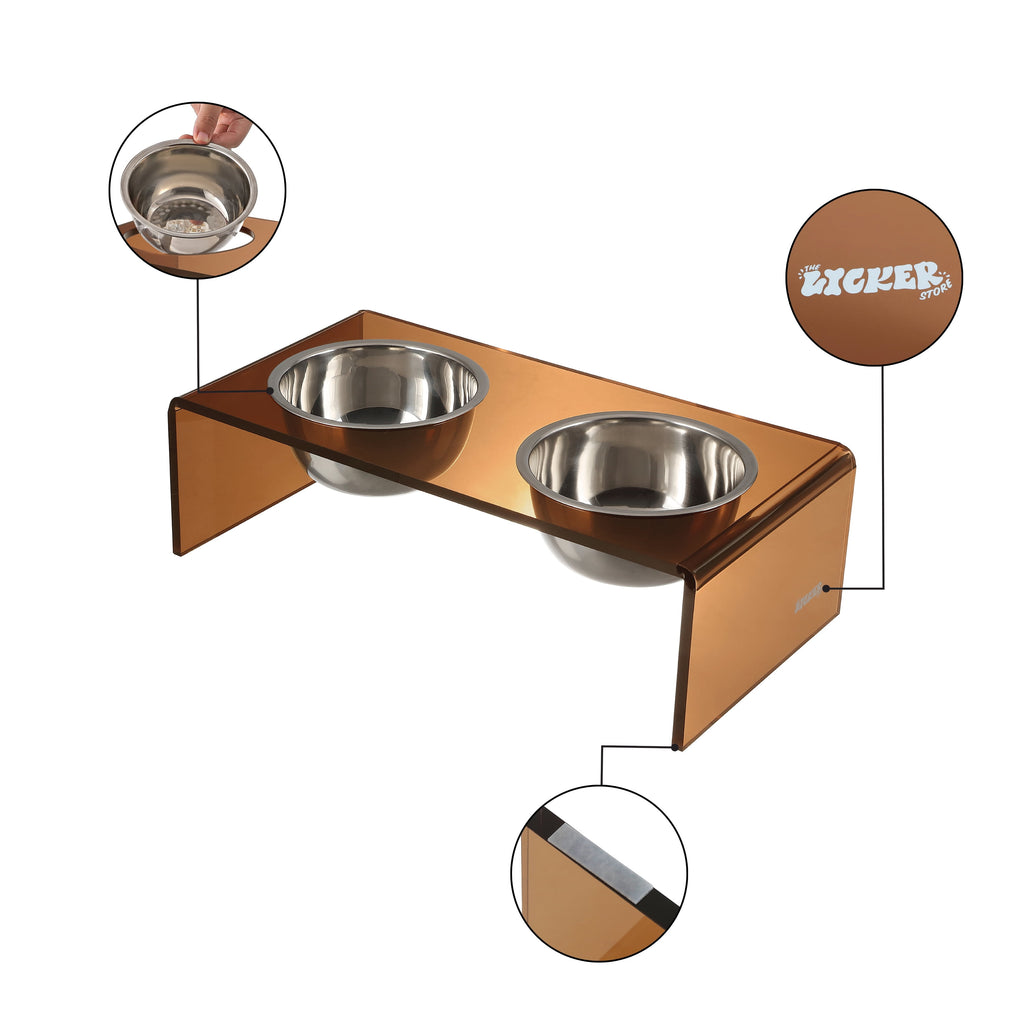 Keaton 5" Small/Medium Modern Acrylic Rectangular Elevated Pet Feeder with 20Oz 2-Stainless Steel Bowls, Amber/Chrome, DBL2000D