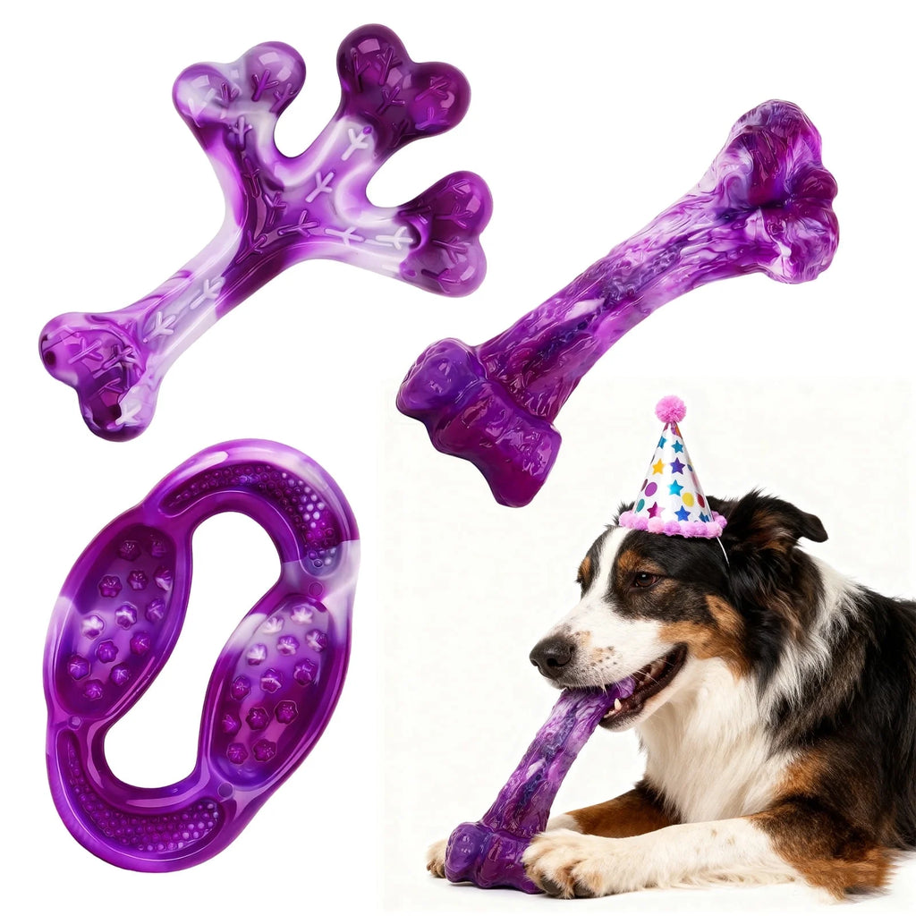 3 Pack Dog Toys for Aggressive Chewers,Meat Flavors (Bacon/Beef/Smoked) Dog Chew Toy, Extra Durable Rubber Bones for Aggressive Chewers,Indestructible Dog Toys to Keeps Dogs Busy