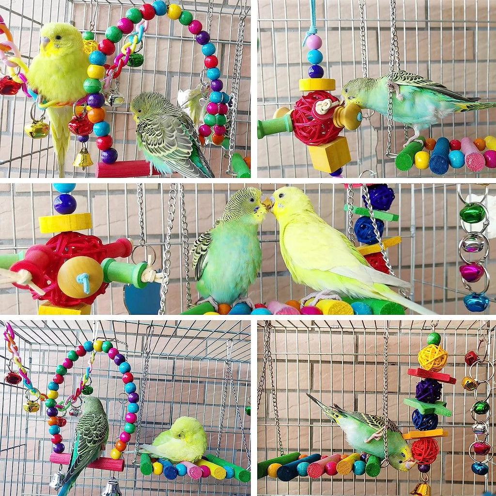6 PCS Bird Toys Parakeet Toys, Colorful Parrot Toy for Small Parakeets Cockatiels Conures Finches Swing Chewing Hanging Bell Cage Hammock Toy