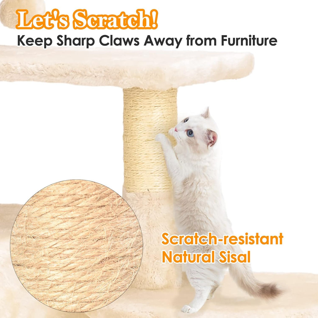 Cat Tree Tower,  Cat Condo Tree Climbing Frame Furniture with Scratching Post Cat House for Outdoor Indoor Cat Tower Cat Activity Centre for Sleeping and Playing (33.5" Beige)