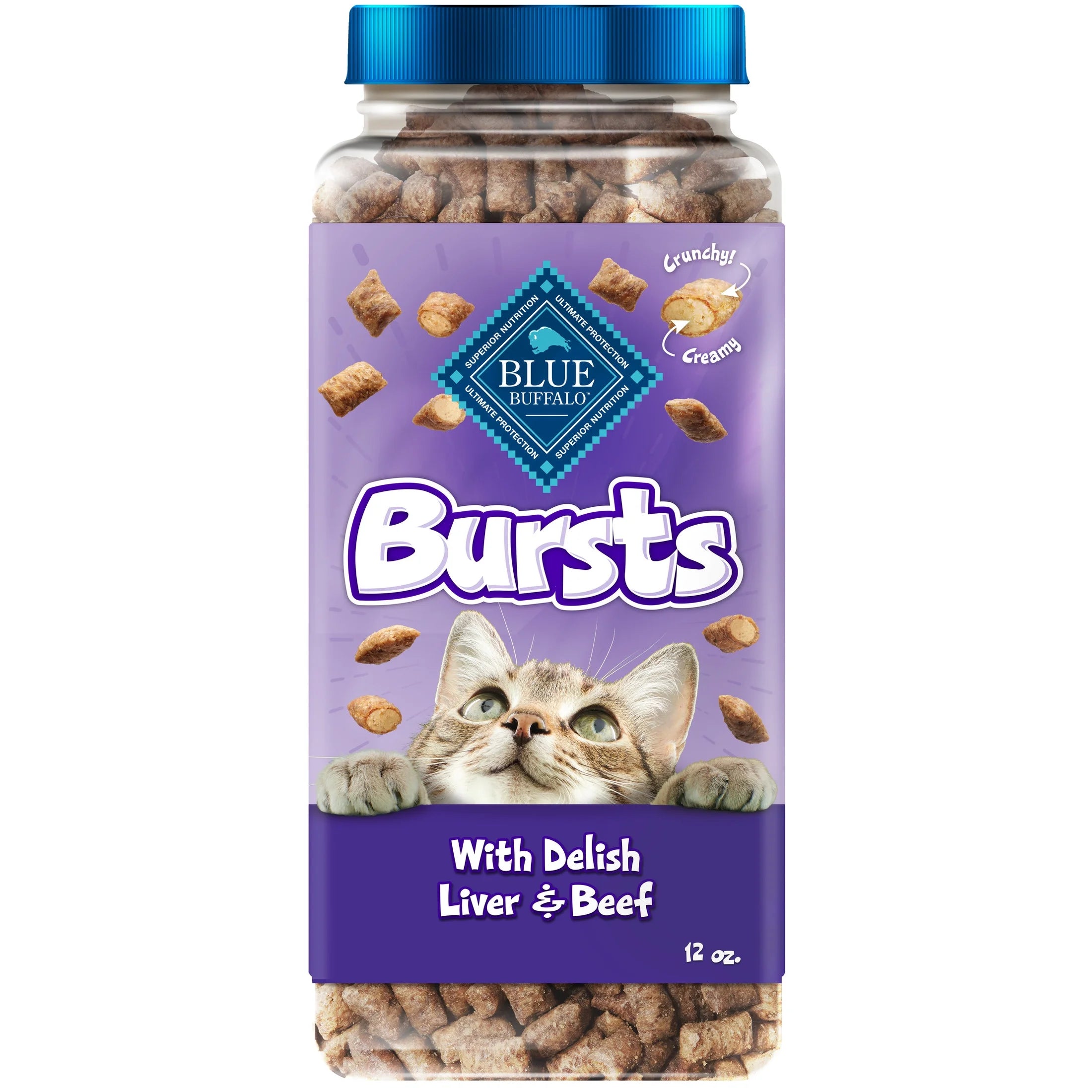 Bursts Crunchy & Creamy Cat Treats, Great for Training, Liver & Beef, 12-Oz. Tub