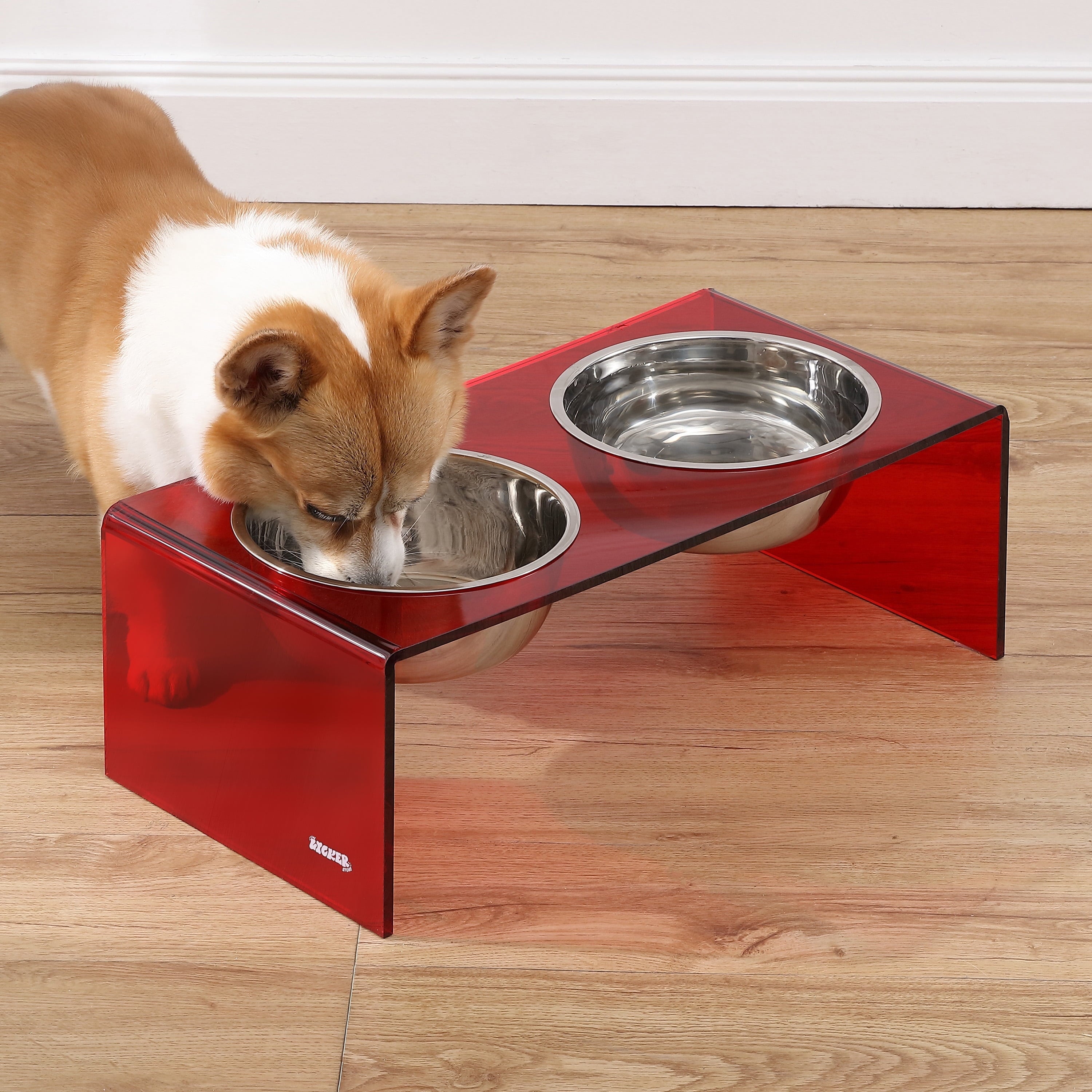 Keaton 7.5" Medium/Large Modern Acrylic Rectangular Elevated Pet Feeder with 54Oz 2-Stainless Steel Bowls, Red/Chrome, DBL2001H