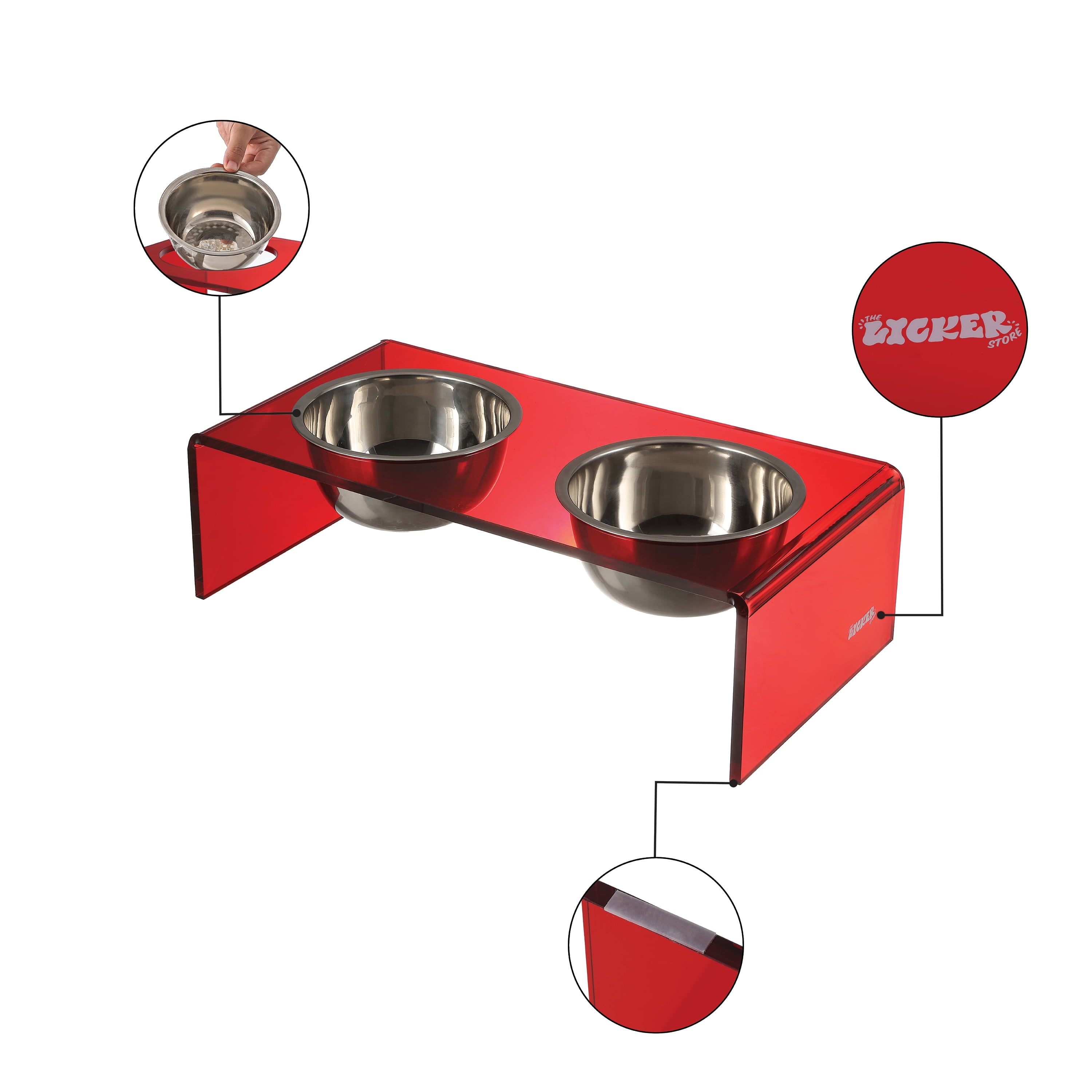Keaton 7.5" Medium/Large Modern Acrylic Rectangular Elevated Pet Feeder with 54Oz 2-Stainless Steel Bowls, Red/Chrome, DBL2001H