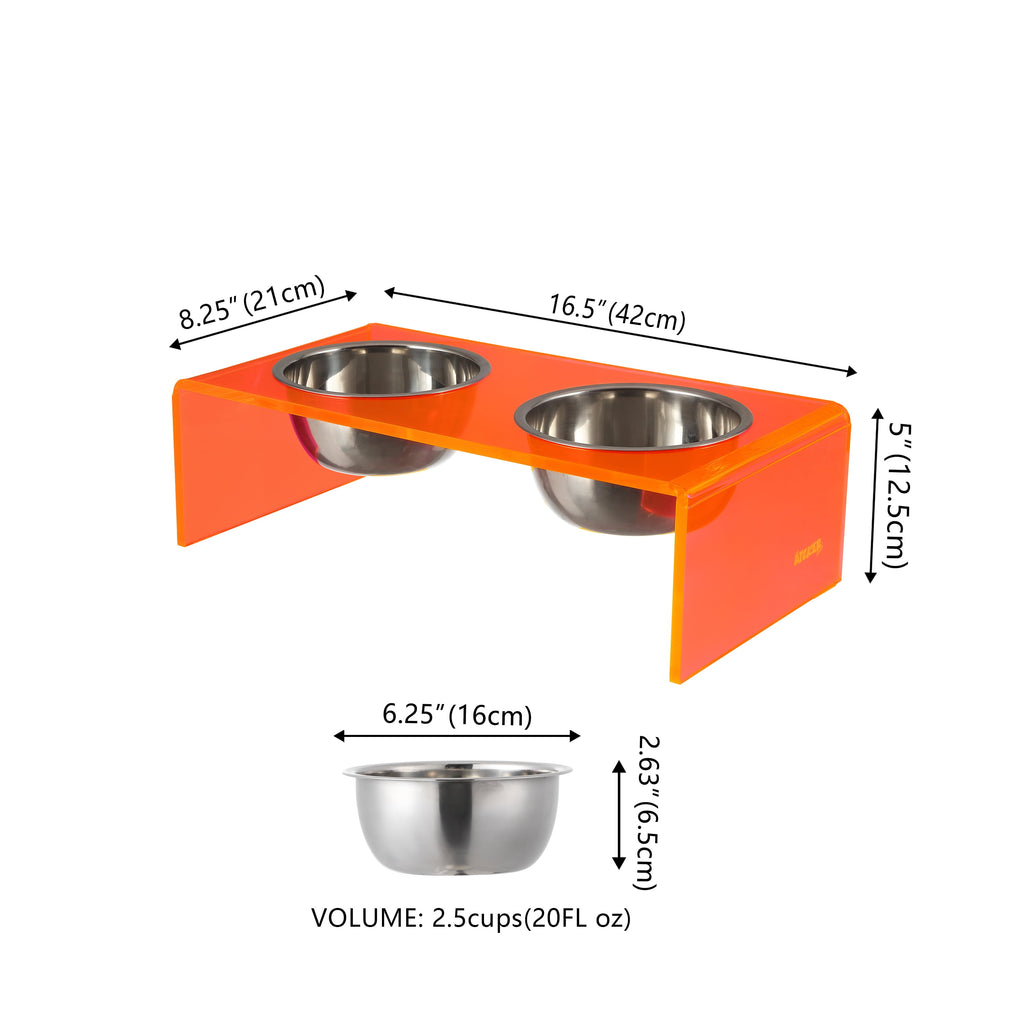 Keaton 5" Small/Medium Modern Acrylic Rectangular Elevated Pet Feeder with 20Oz 2-Stainless Steel Bowls, Pink/Chrome, DBL2000E