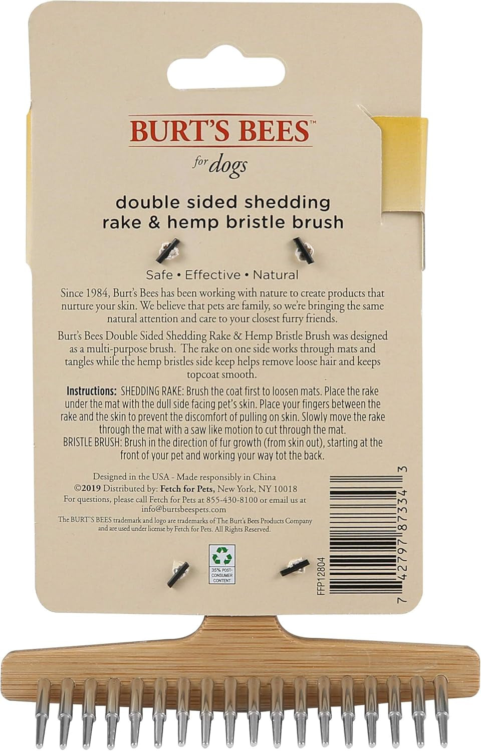 Brown Oblong Double Sided Dog Brush - All Hair Types, Unisex, 0.2 Lbs, Hemp Bristle for Detangling, Shedding Rake for Mats Removal