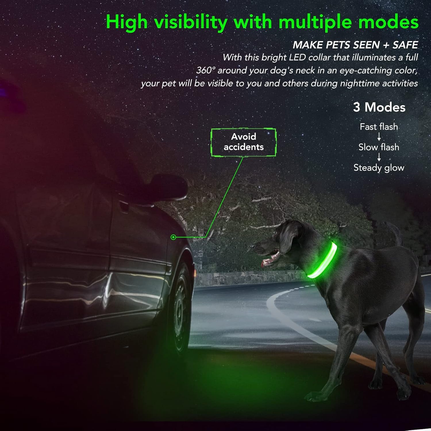 LED Dog Collar - Adjustable, Rechargeable, Waterproof, Glow in Dark for Medium Large Dogs