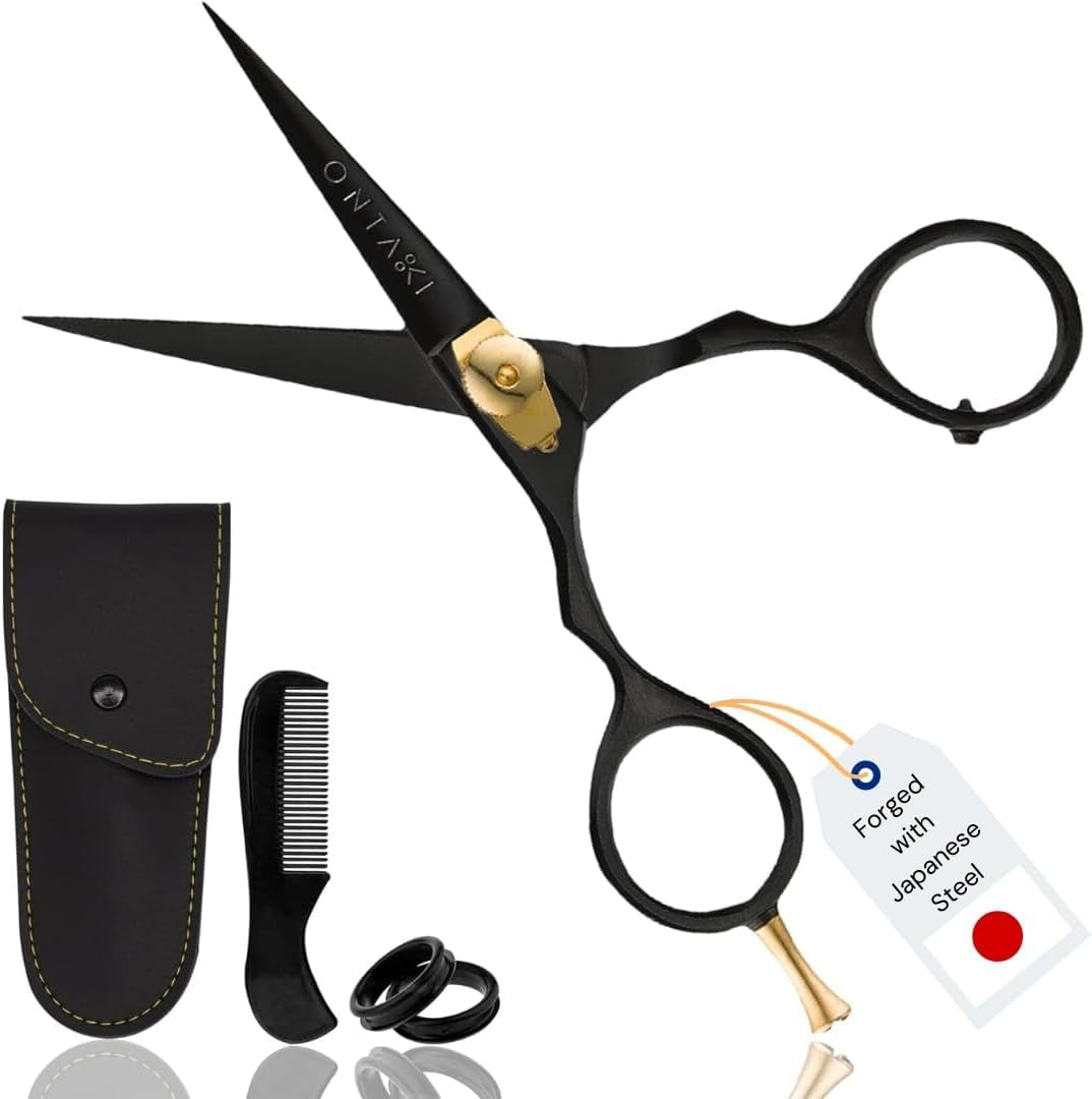 Beard & Moustache Scissors for Men - 5.5" Japanese Steel, Black - Precision Sharp Blades, Ergonomic Finger Rest & Adjustable Tension Screw for Perfect Trimming - Beard Grooming Scissors