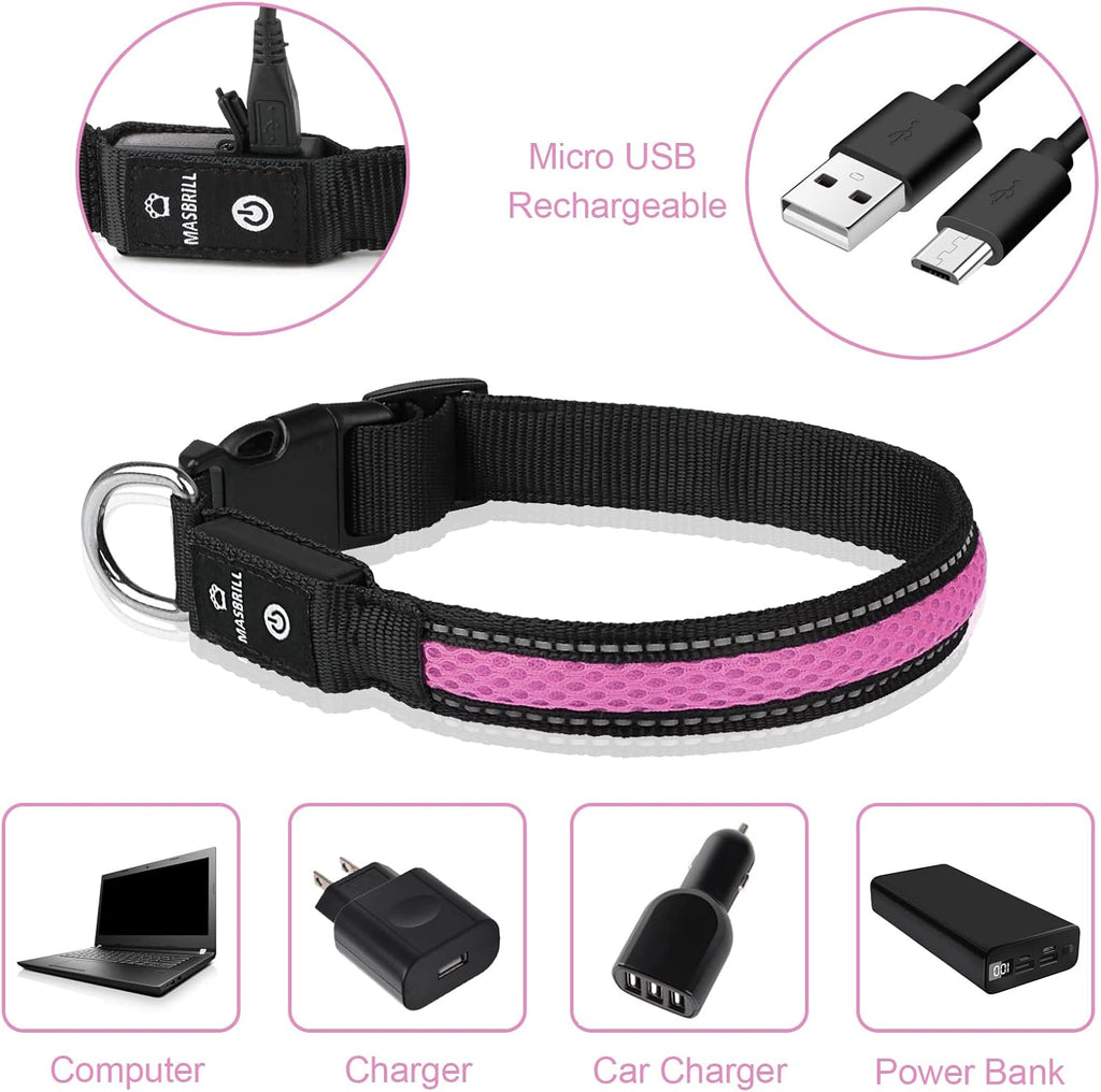 Light up Dog Collars,  LED Dog Collar Rechargeable Waterproof & High Visibility Adjustable Soft Mesh Safety Dog Collars Lighted Glow Collar Flashing Collar for Pet Night Walking,Pink S